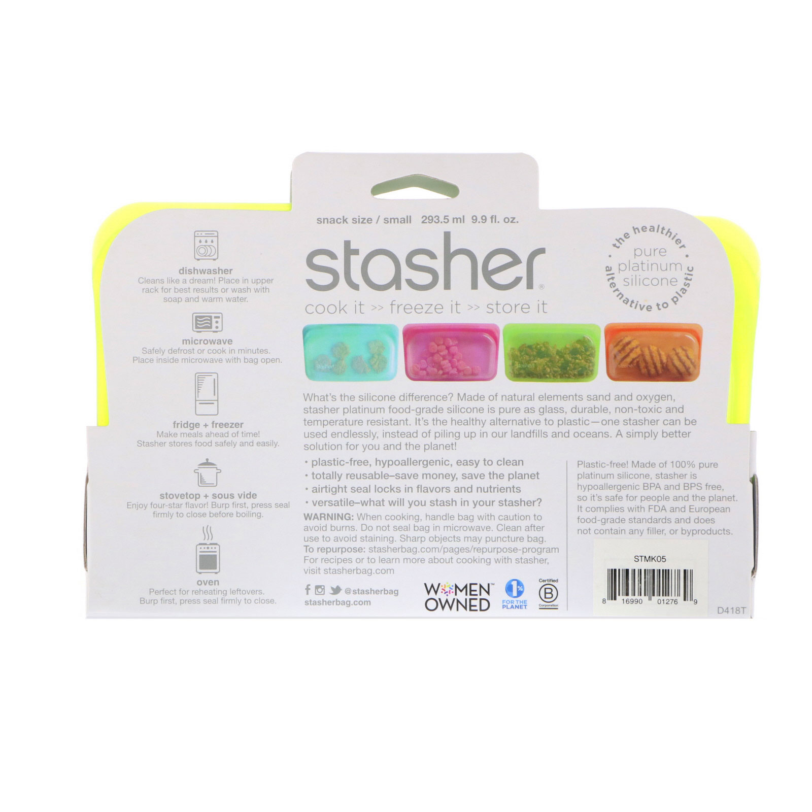 Comprar Stasher, Embalagem Reutilizável de Silicone para Alimentos, Tamanho de Lanche Pequeno, Lima, 9,9 fl oz (293,5 ml) - Imagem 2