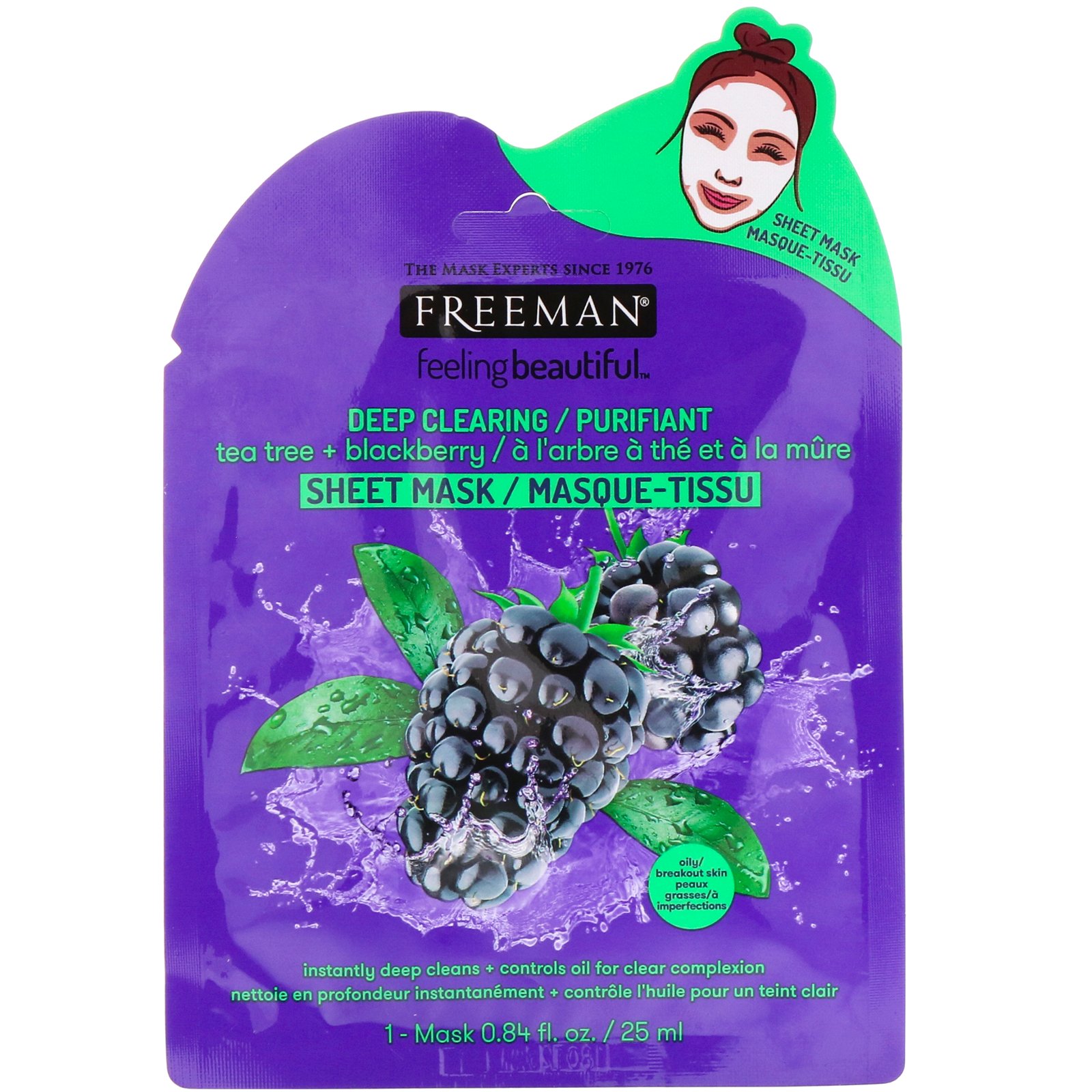 Comprar Freeman Beauty, Feeling Beautiful, Máscara em Folha para Limpeza Profunda, Árvore do Chá + Amora, 1 Máscara