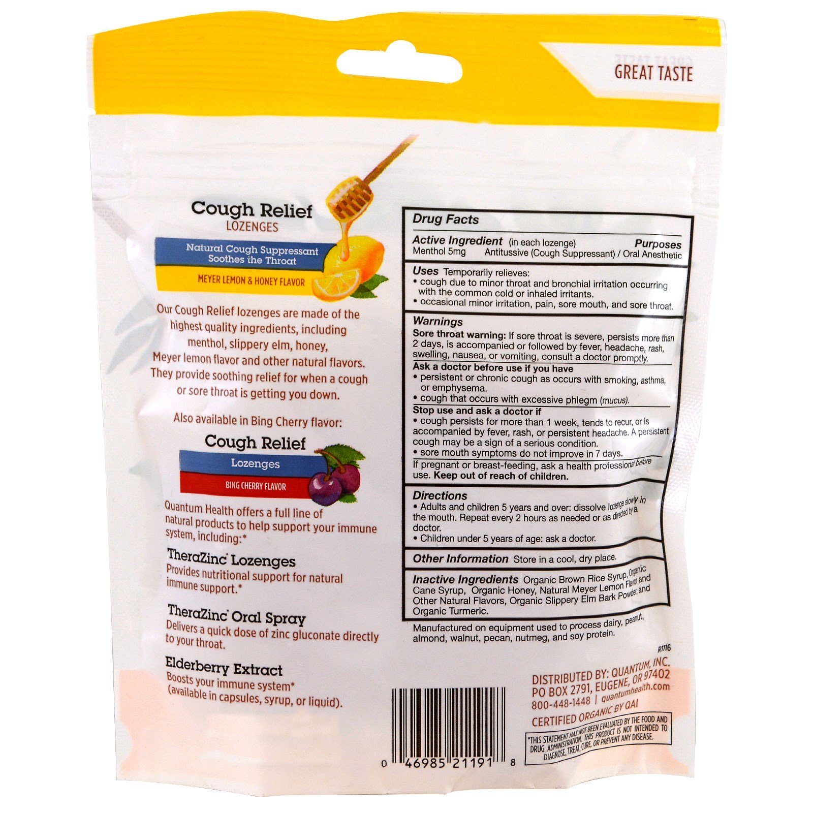 Comprar Quantum Health, Alívio para a tosse, Pastilhas, Sabor de Limão Meyer e Mel, 18 Pastilhas - Imagem 2