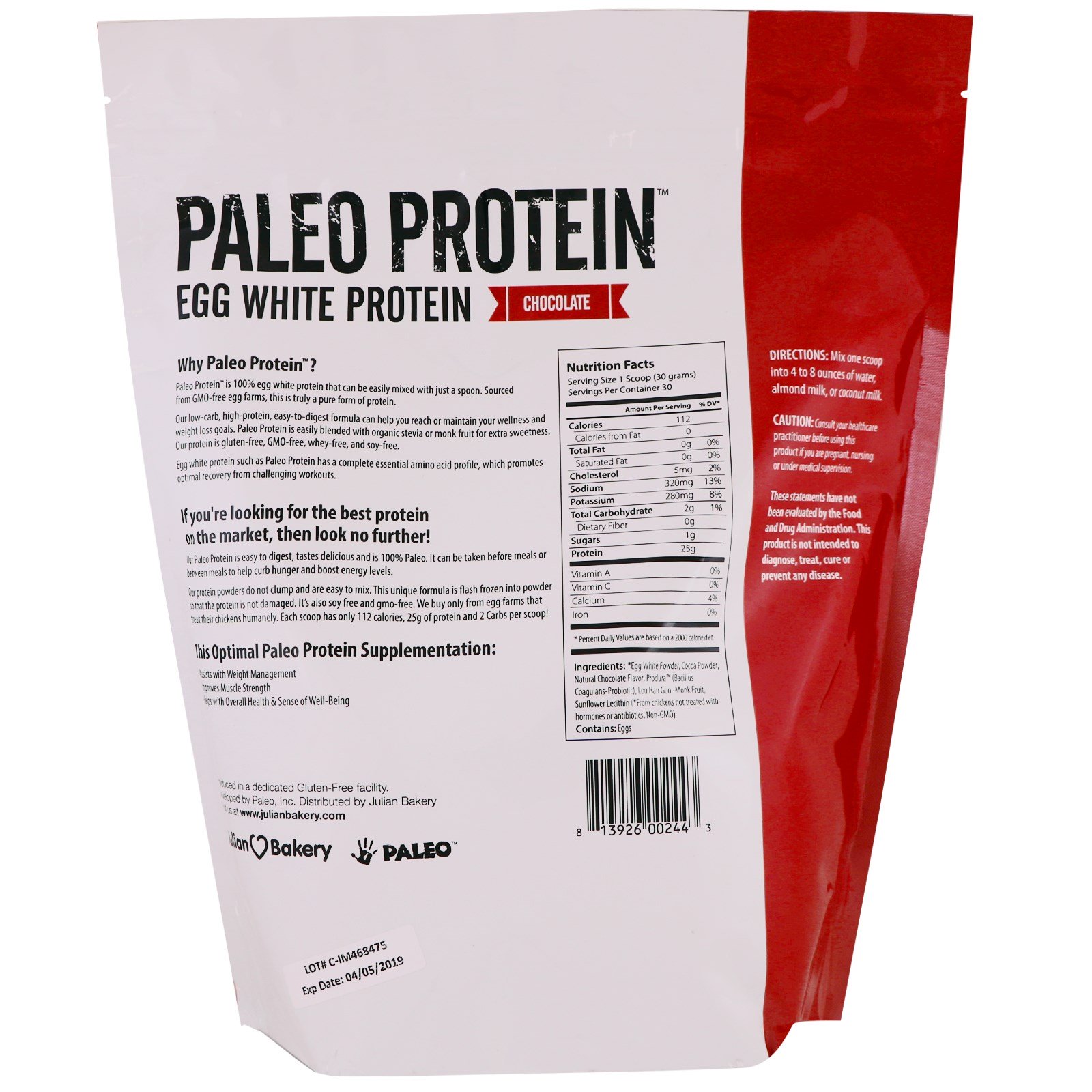 Comprar Julian Bakery, Proteína Paleo, Proteína de clara de ovo, Chocolate, 2 lbs (907 g) - Imagem 2