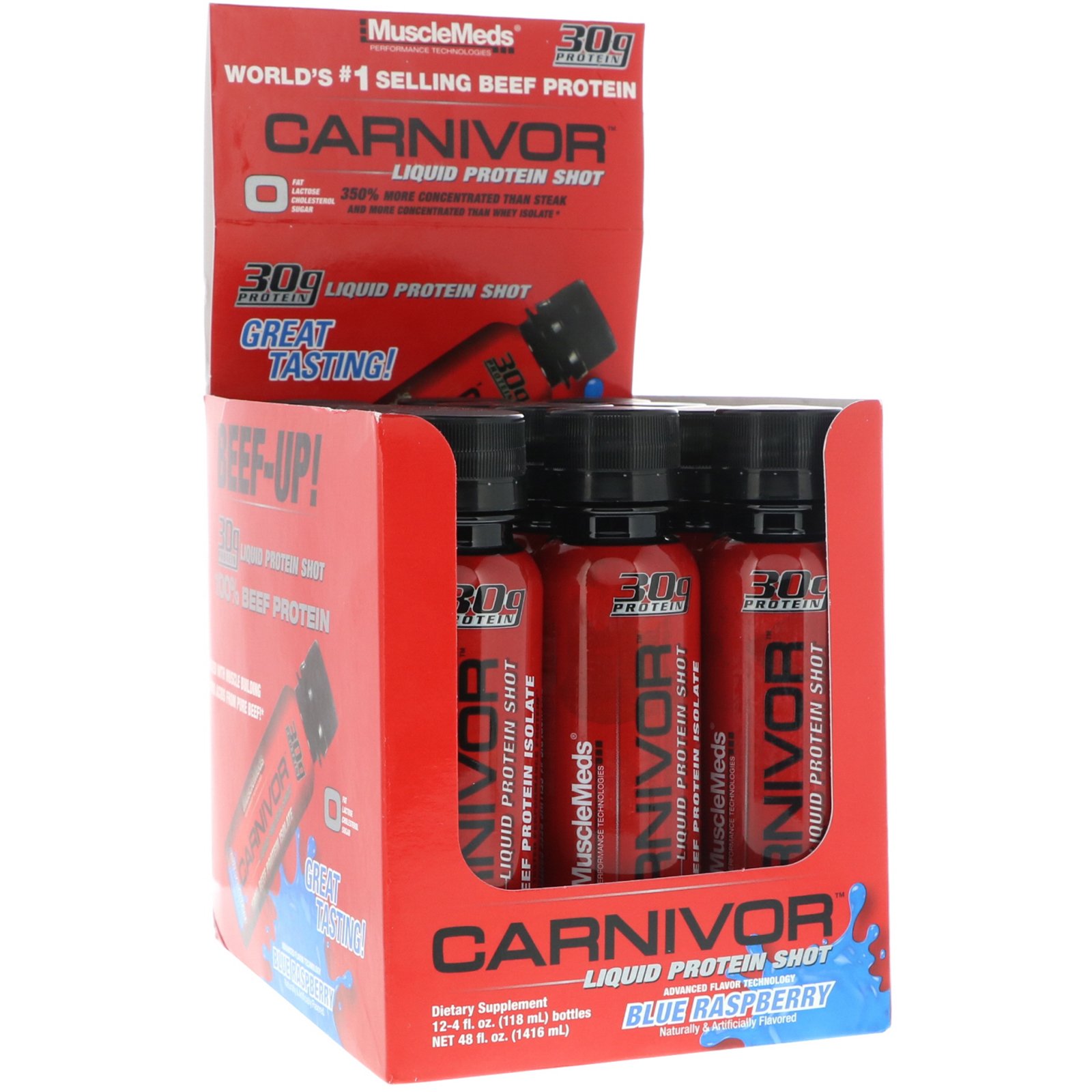 Comprar MuscleMeds, Carnívoro, Dose de Proteína Líquida, Framboesa Azul, Embalagem com 12, 4 fl oz (118 ml) Cada