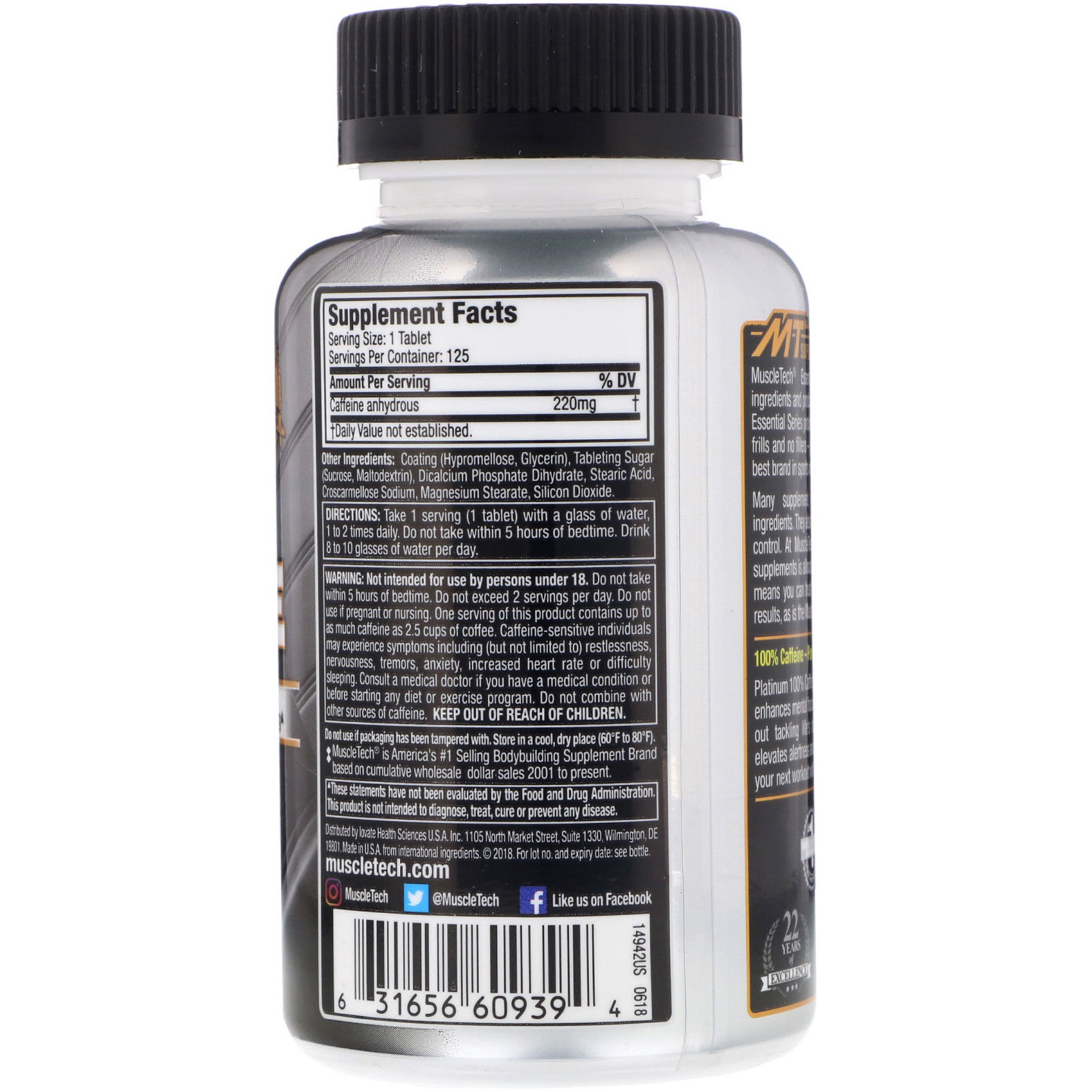 Comprar Muscletech, Essential Series, Platinum 100% Caffeine, 200 mg, 125 Tablets - Imagem 2
