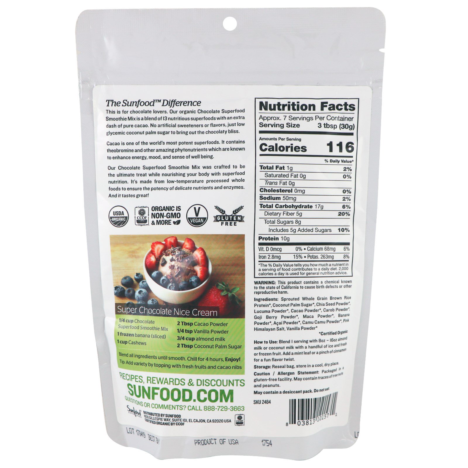 Comprar Sunfood, Mistura Superfood para Smoothie de Chocolate Orgânico, 227 g (8 oz) - Imagem 2