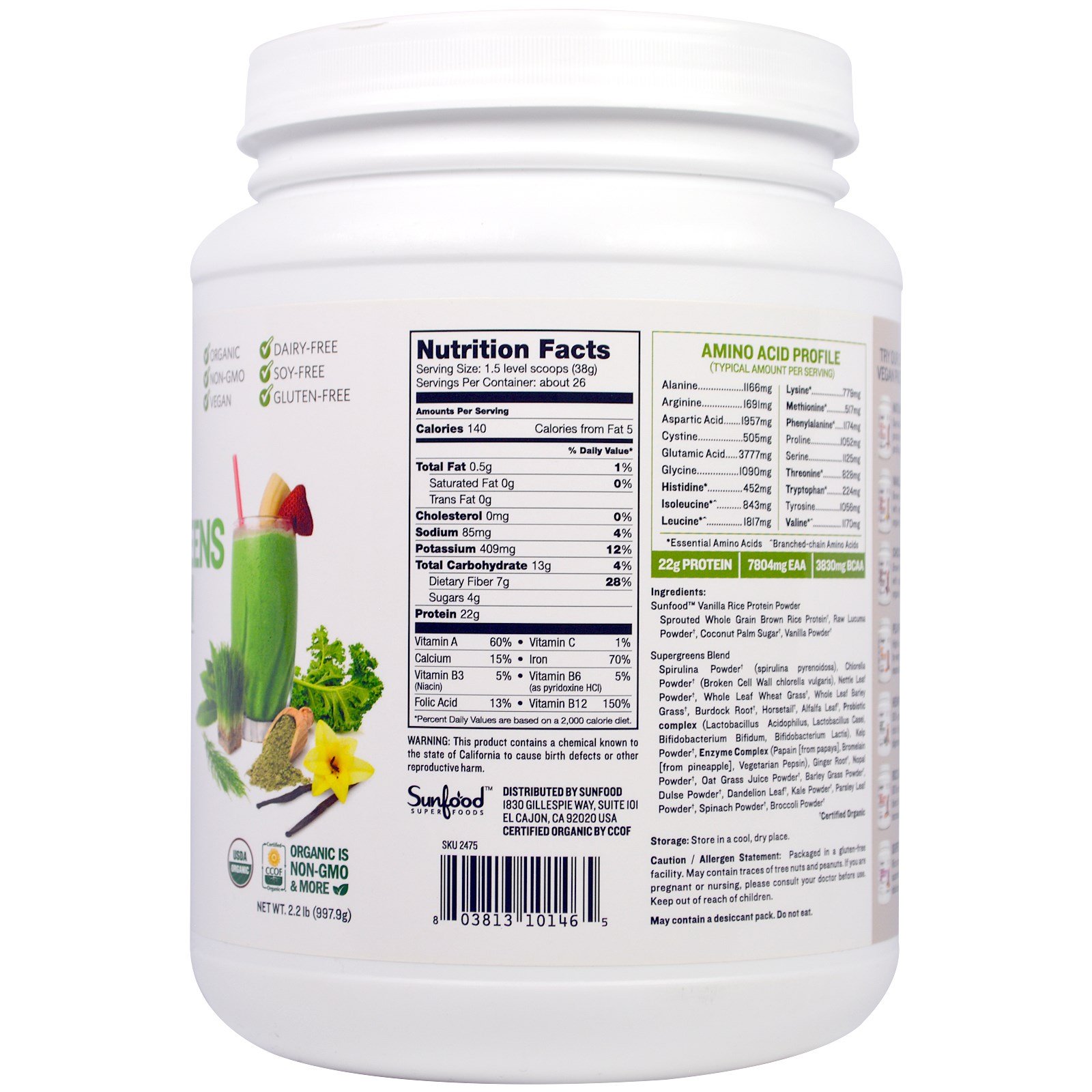 Comprar Sunfood, Supervegetais Orgânicos e Proteína, 2,2 lb (997.9 g) - Imagem 2