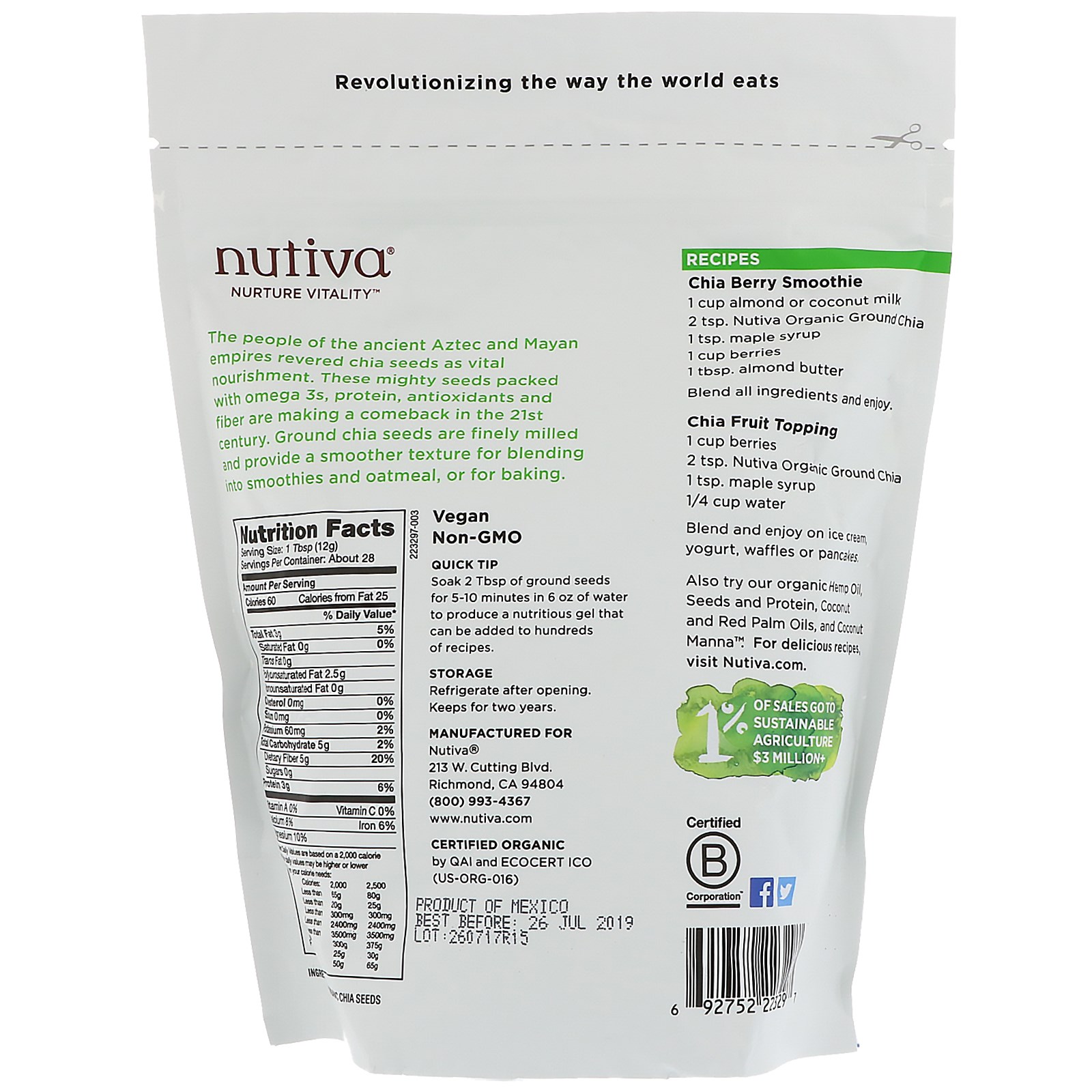 Comprar Nutiva, Sementes de Chia Moída Orgânica, 12 onças (340 g) - Imagem 2