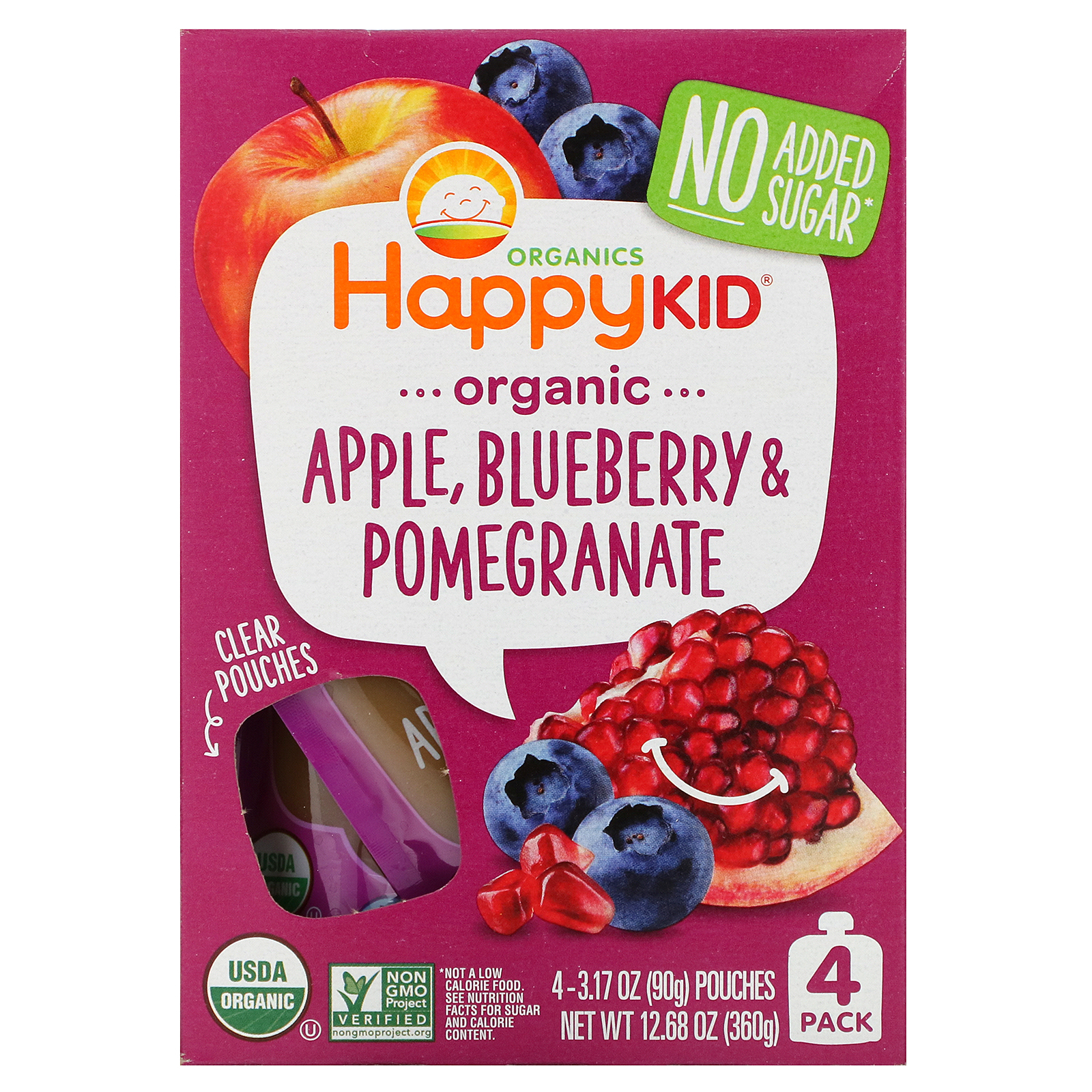 Comprar Happy Family Organics, Happy Kid, Organic Apple, Blueberry & Pomegranate, 4 Pouches, 3.17 oz (90 g) Each