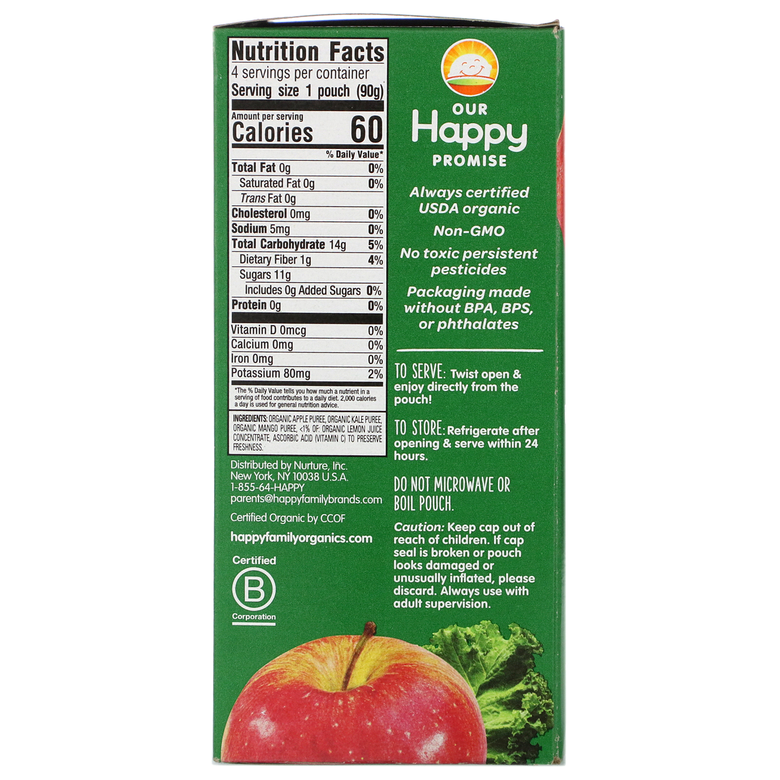 Comprar Happy Family Organics, Happy Kid, Organic Apple, Kale & Mango, 4 Pouches, 3.17 oz (90 g) Each - Imagem 2