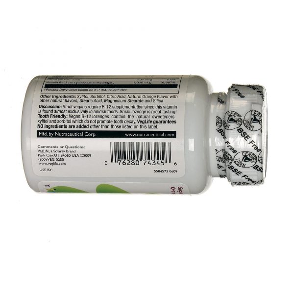Comprar VegLife, B12 e Ácido Fólico Vegano, Laranja - 50 Pastilhas - Imagem 4
