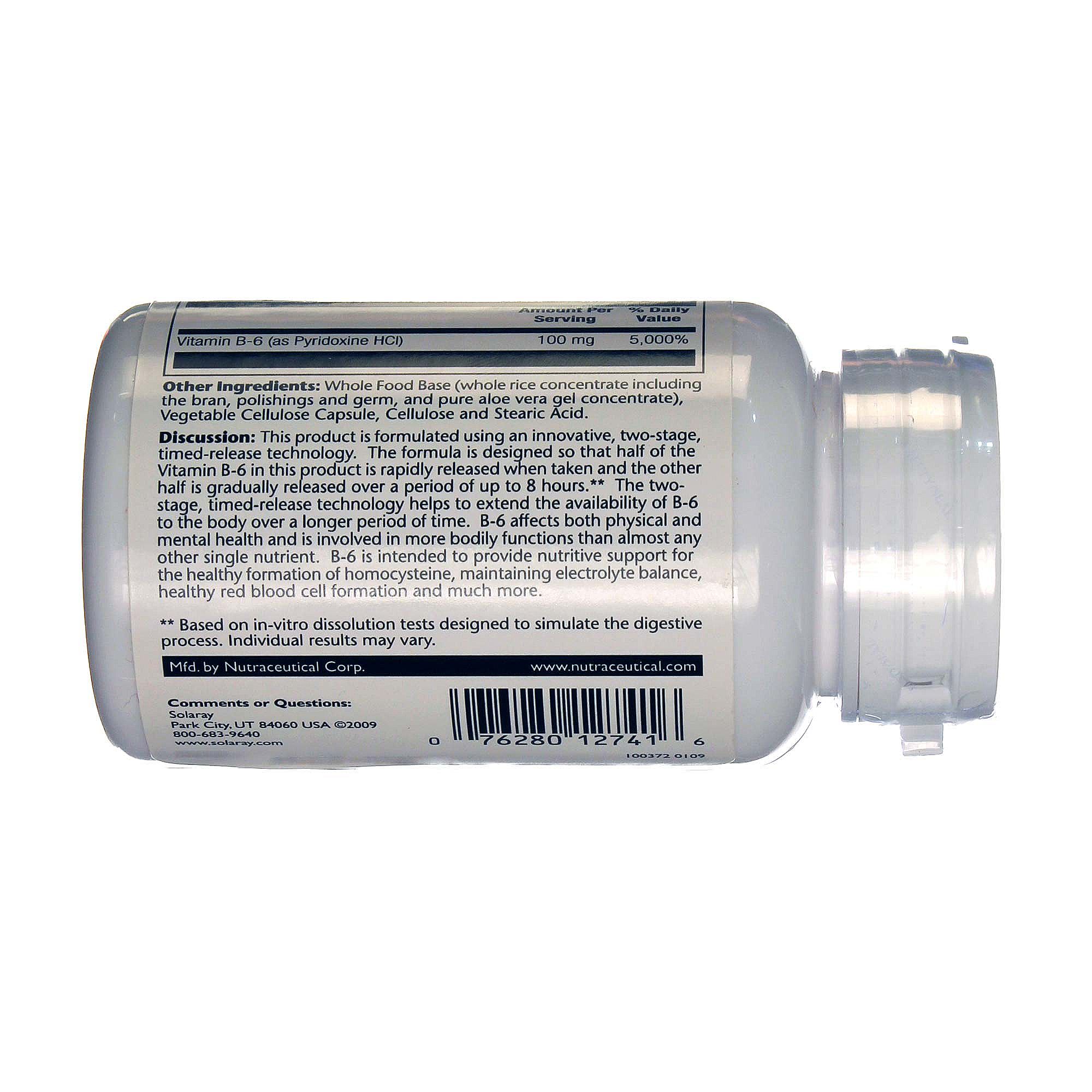 Comprar Solaray Dois Estágios B6 Timed-Release 100 mg 30 Cápsulas Vegetarianas - Imagem 3