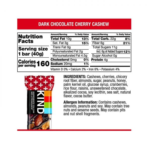 Comprar Kind Chocolate escuro tipo Além disso Cereja caju Antioxidantes 12 - 40g/1.4 bares onça [480g (16,8 oz)] - Imagem 4