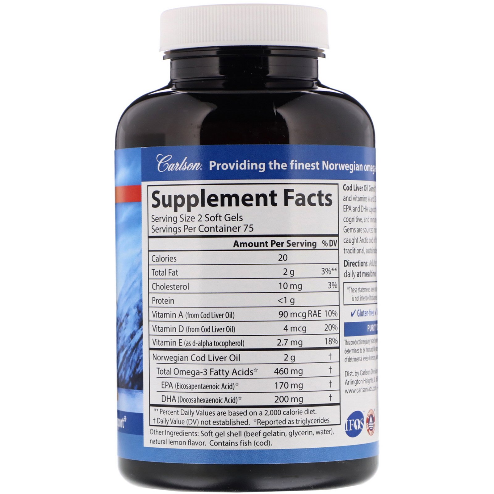 Comprar Carlson Labs, Wild Norwegian, Cod Liver Oil Gems, Natural Lemon Flavor, 460 mg, 150 Soft Gels - Imagem 2