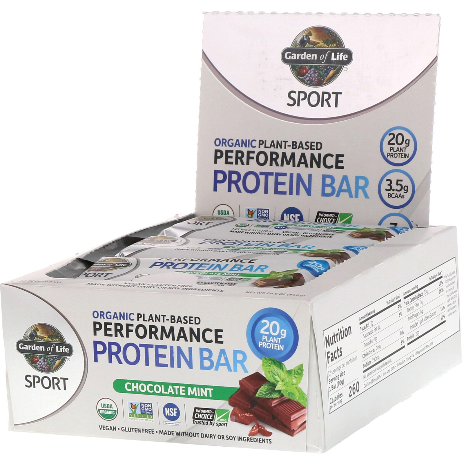 Comprar Garden of Life, Sport, Barra de Proteína Vegetal Orgânica de Alta Performance, Chocolate e Menta, 12 Barras, 70 g Cada