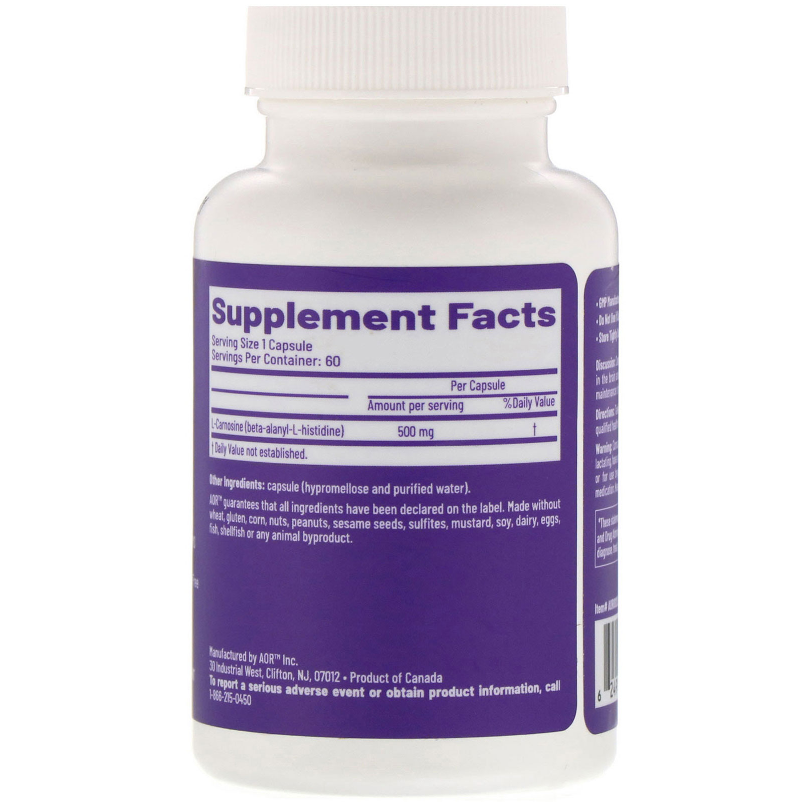 Comprar Advanced Orthomolecular Research AOR, Carnosine-500, 60 Cápsulas Vegetarianas - Imagem 2