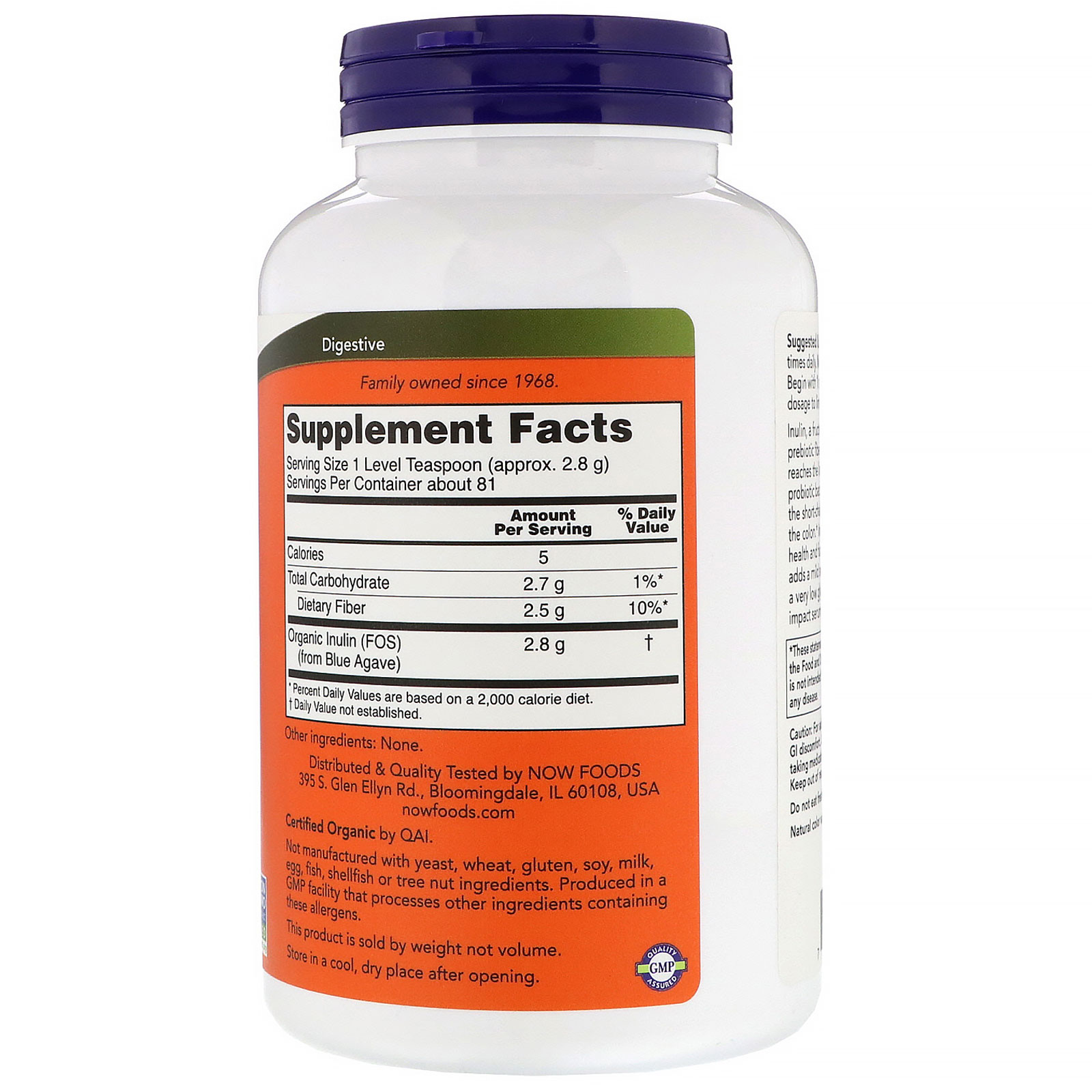 Comprar Now Foods, Inulina Com Certificação Orgânica, Prebiótico em Pó Puro, 227 g (8 oz) - Imagem 2