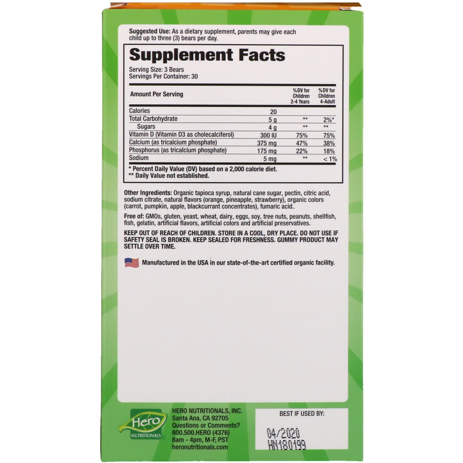Comprar Hero Nutritional Products, Jujubas de Urso Vegetarianas, Cálcio + D3, 90 Jujubas - Imagem 2