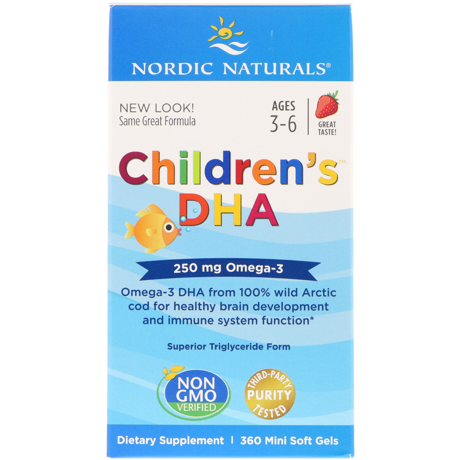 Comprar Nordic Naturals, Children's DHA, Morango, 250 mg, 3 a 6 Anos, 360 Minicápsulas Softgel
