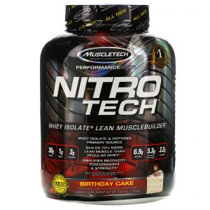 Comprar Muscletech, Nitro Tech, Isolado de Whey + Construtor de Massa Magra, Bolo de Aniversário, 3,97 lbs (1,80 kg)