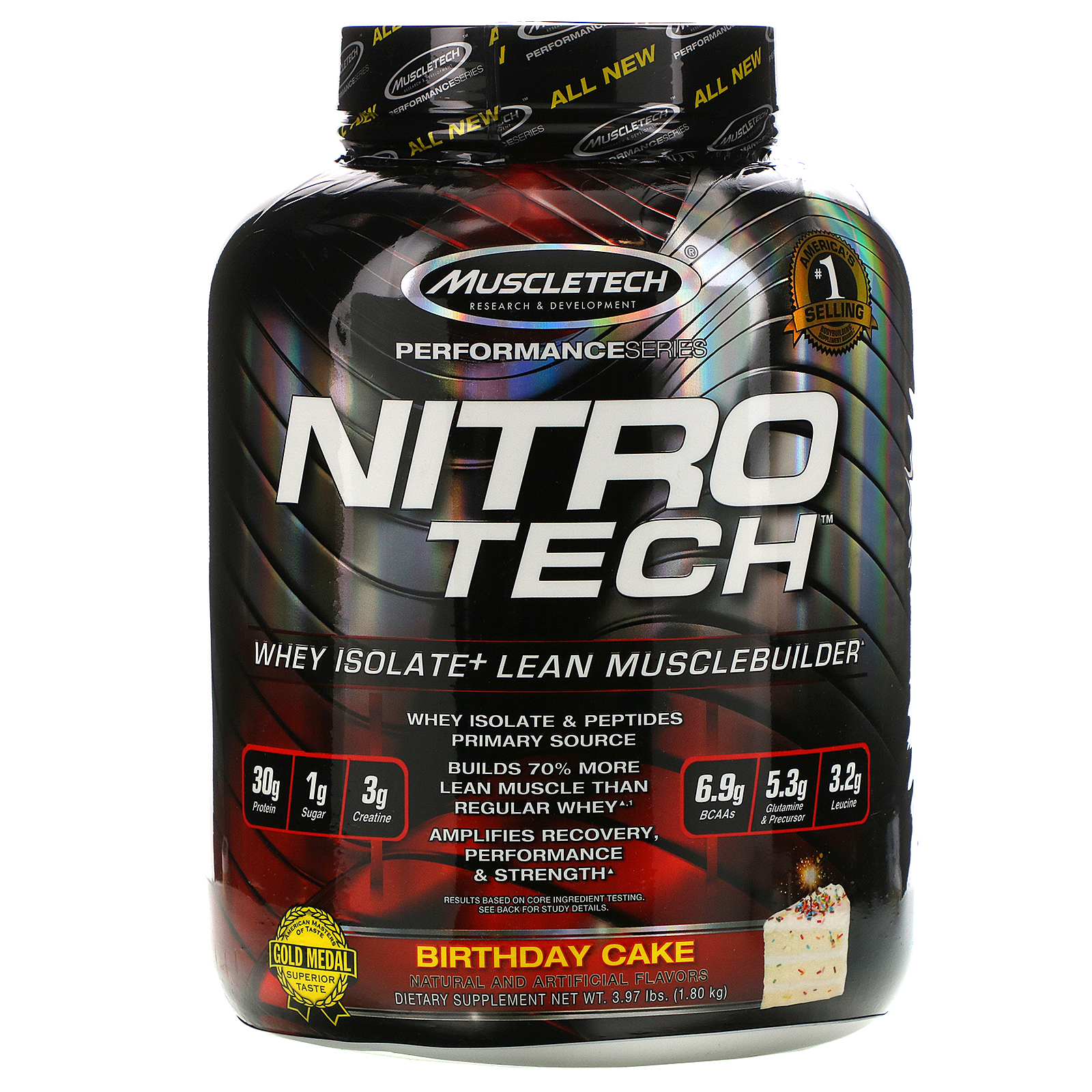 Comprar Muscletech, Nitro Tech, Isolado de Whey + Construtor de Massa Magra, Bolo de Aniversário, 3,97 lbs (1,80 kg)