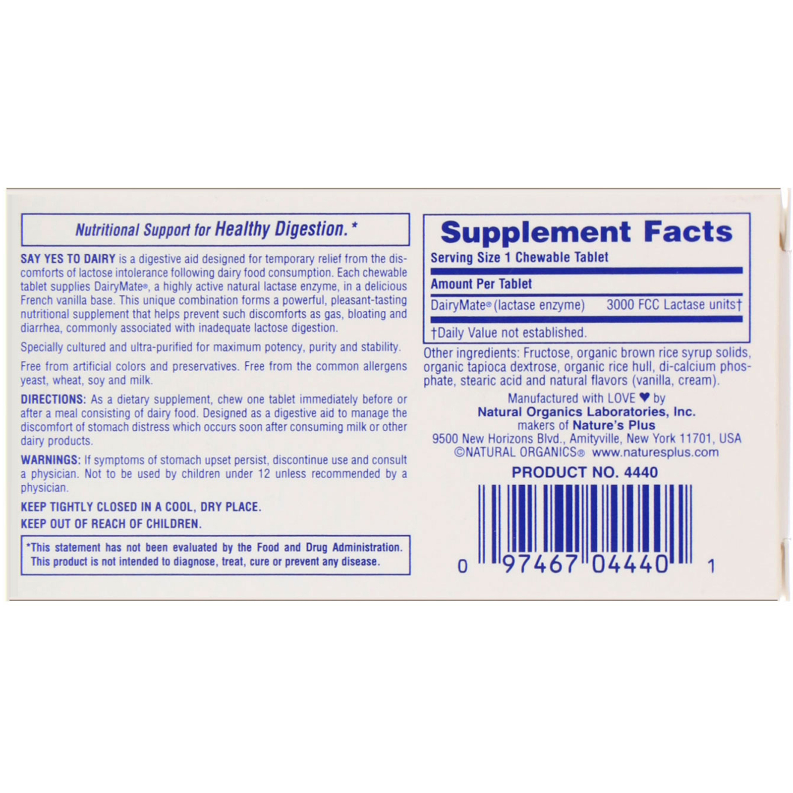 Comprar Nature's Plus, Say Yes to Dairy, Digestive Aid For Dairy Food, 50 Chewable Tablets - Imagem 3