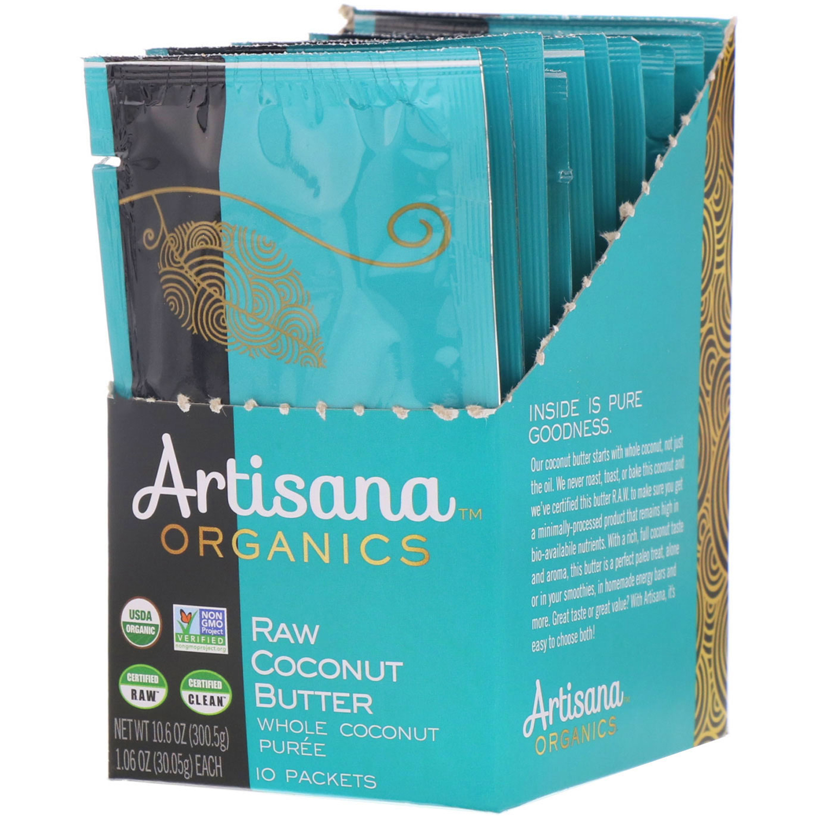 Comprar Artisana, Manteiga Orgânica de Côco Cru, 10 Sachês, 1.06 oz (30,05 g) Cada