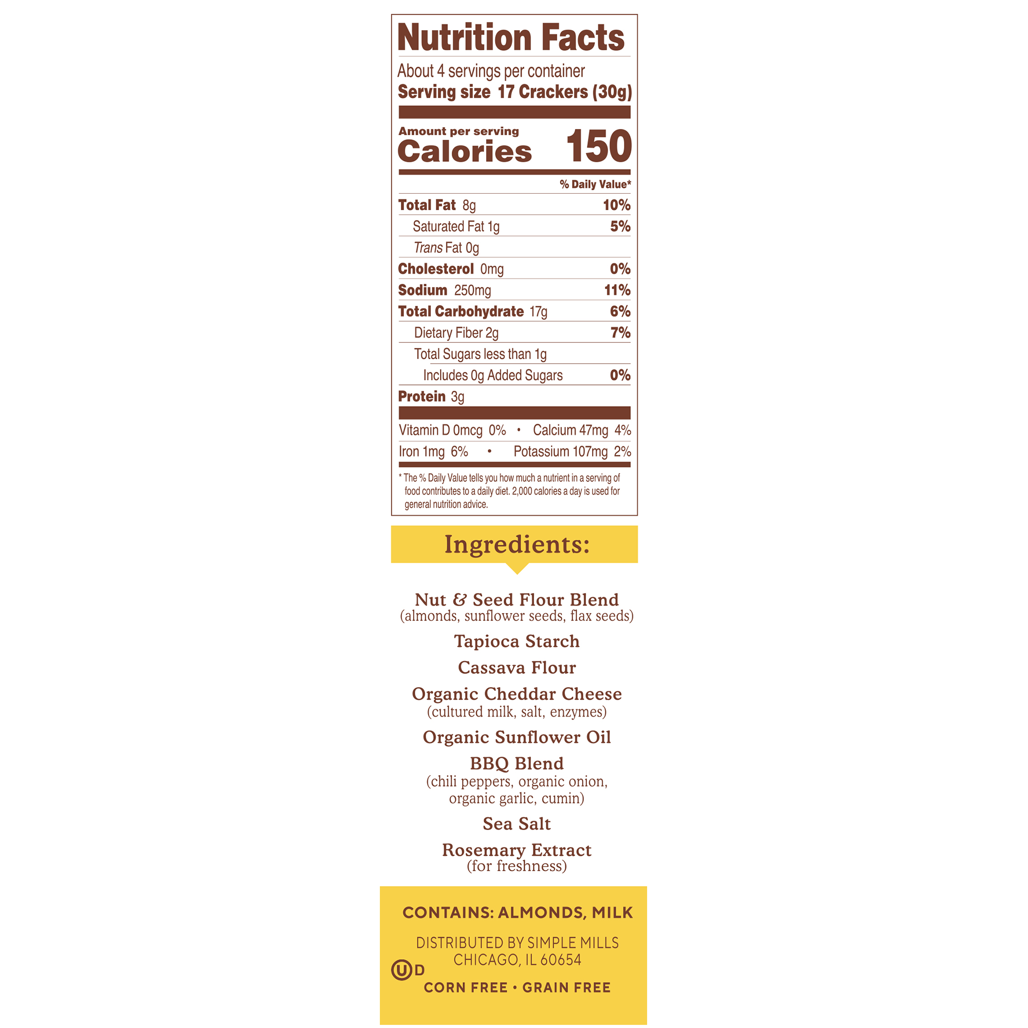 Comprar Simple Mills, Naturalmente sem glúten, Biscoitos de farinha de amêndoa, Cheddar de churrasco defumado, 4,25 oz (120 g) - Imagem 2
