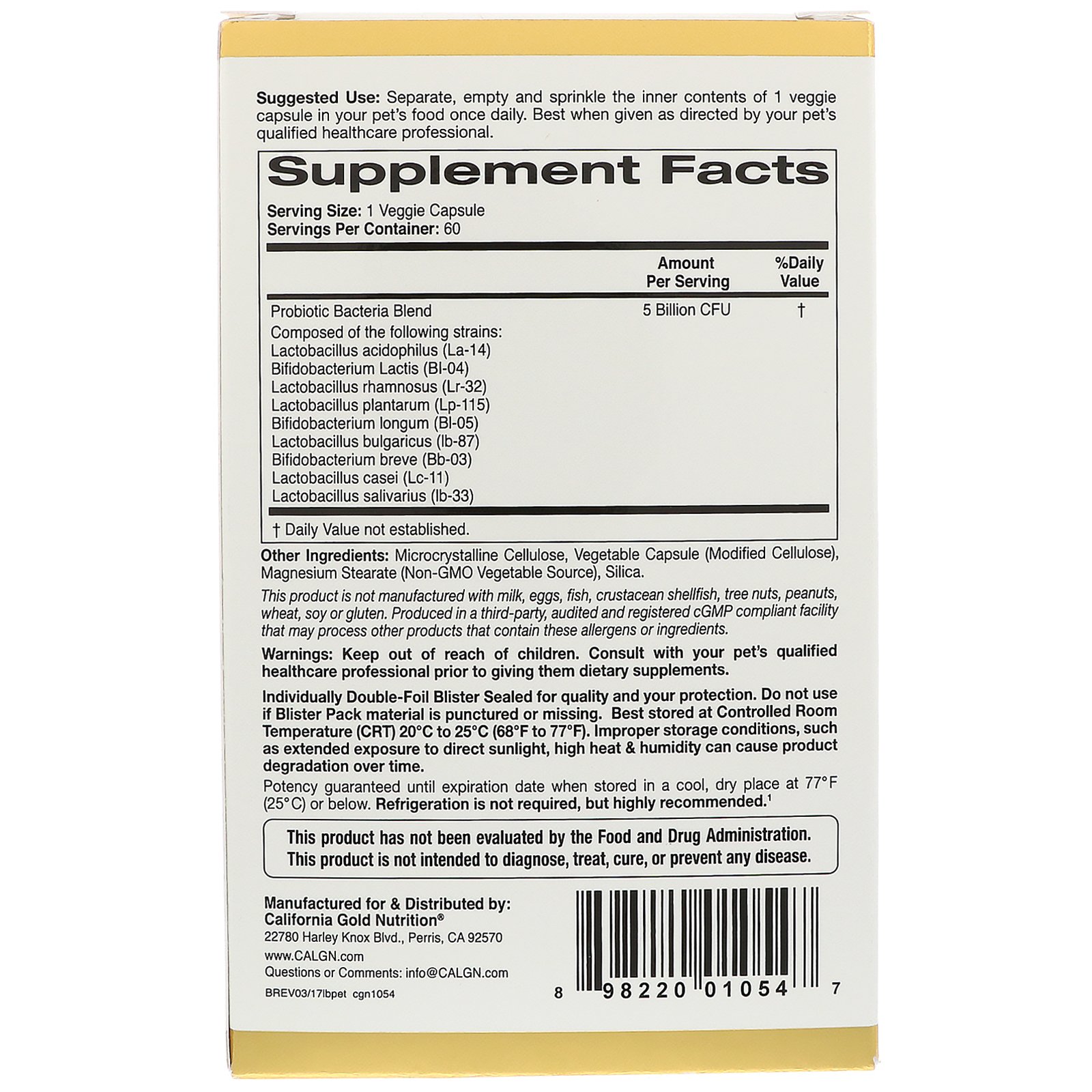 Comprar California Gold Nutrition, Probióticos para Animais de Estimação LactoBif, 5 bilhões de UFC, 60 Cápsulas Vegetais - Imagem 2