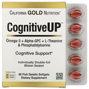 Comprar California Gold Nutrition, CognitiveUP, Ômega 3, Alpha-GPC, Teanina e PS, 60 Cápsulas de Gelatina de Peixe Softgel