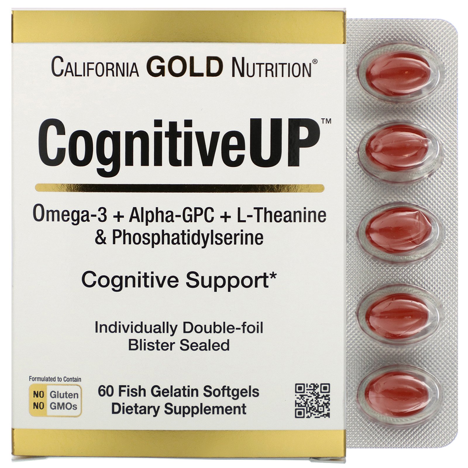 Comprar California Gold Nutrition, CognitiveUP, Ômega 3, Alpha-GPC, Teanina e PS, 60 Cápsulas de Gelatina de Peixe Softgel