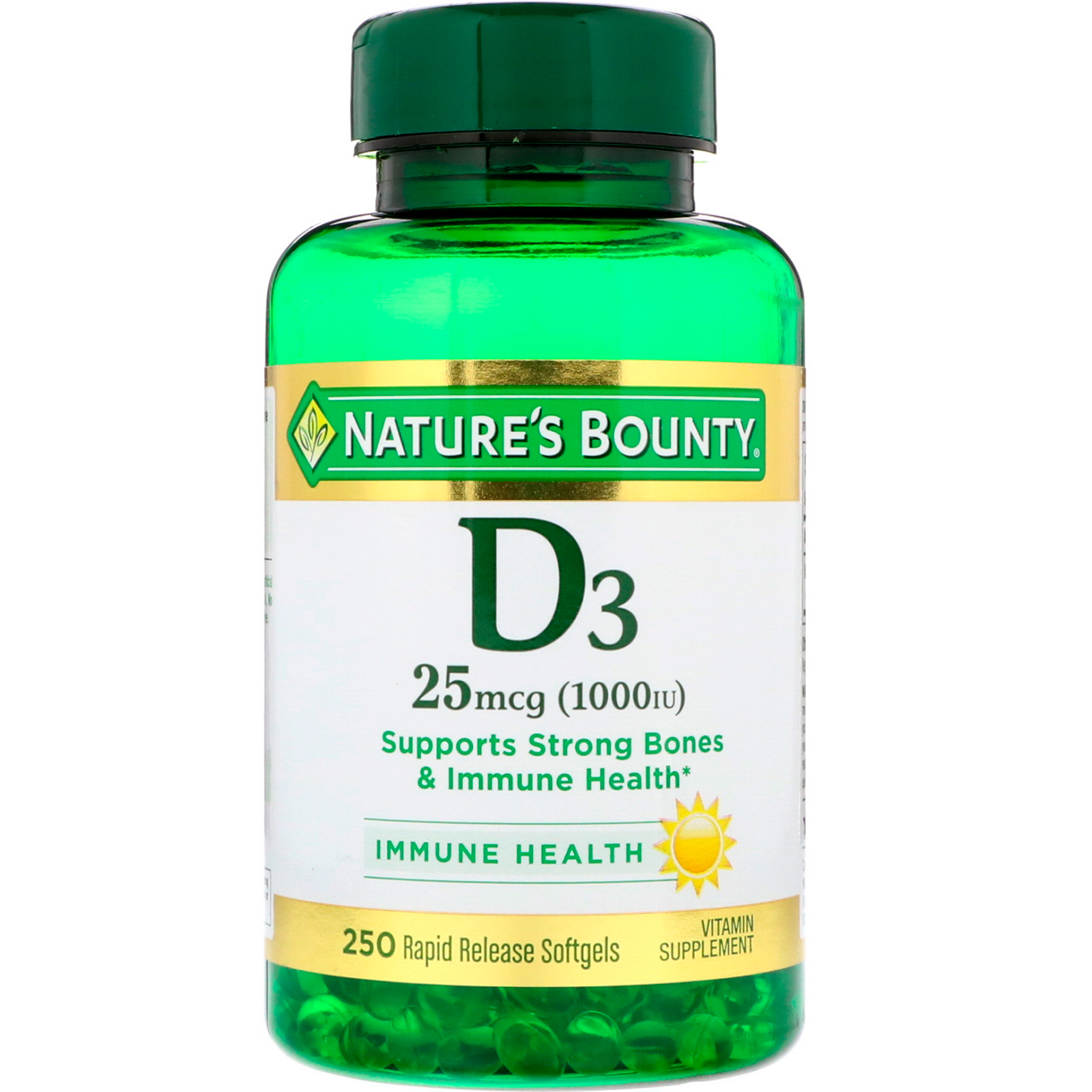 Comprar Nature's Bounty, D3, 25 mcg (1000 UI), 250 Cápsulas Softgel de Liberação Rápida