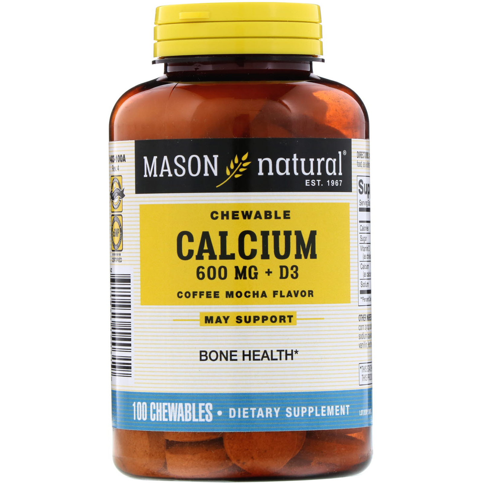 Comprar Mason Natural, Chewable Calcium + D3, Coffee Mocha Flavor, 600 mg, 100 Chewables