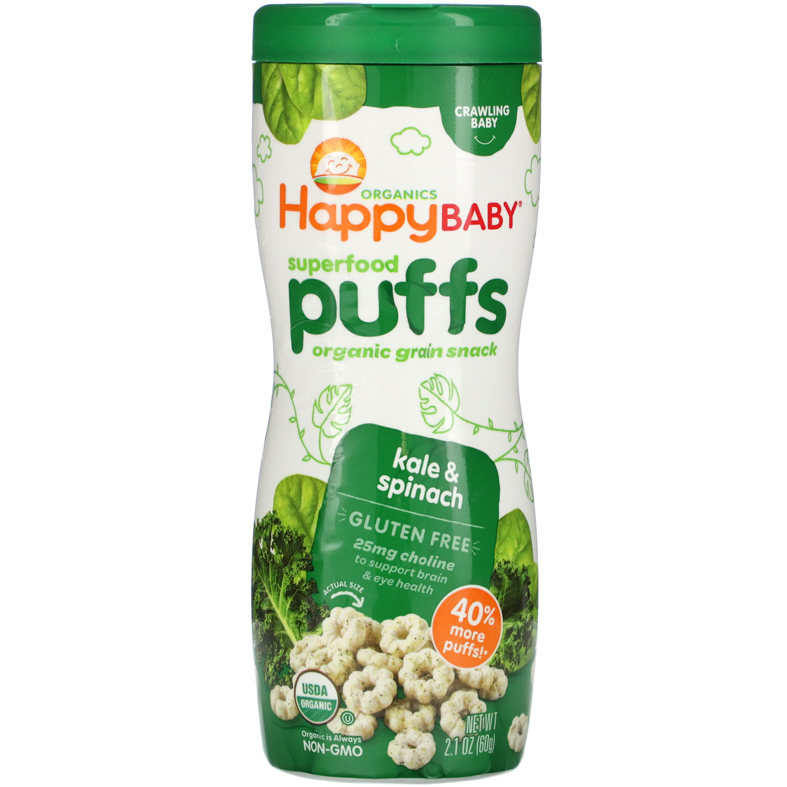 Comprar Happy Family Organics, Superfood Puffs, Veggie, Fruit & Grain, Couve e Espinafre, 60 g (2,1 oz)