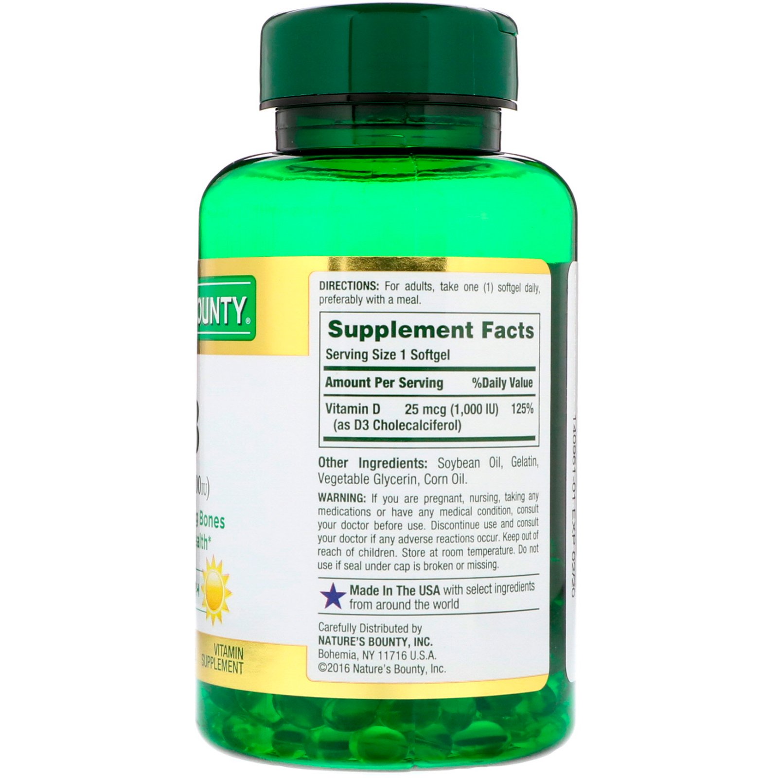Comprar Nature's Bounty, D3, 25 mcg (1000 UI), 250 Cápsulas Softgel de Liberação Rápida - Imagem 2
