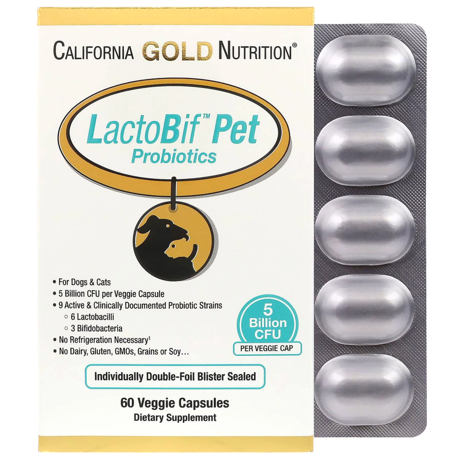 Comprar California Gold Nutrition, Probióticos para Animais de Estimação LactoBif, 5 bilhões de UFC, 60 Cápsulas Vegetais