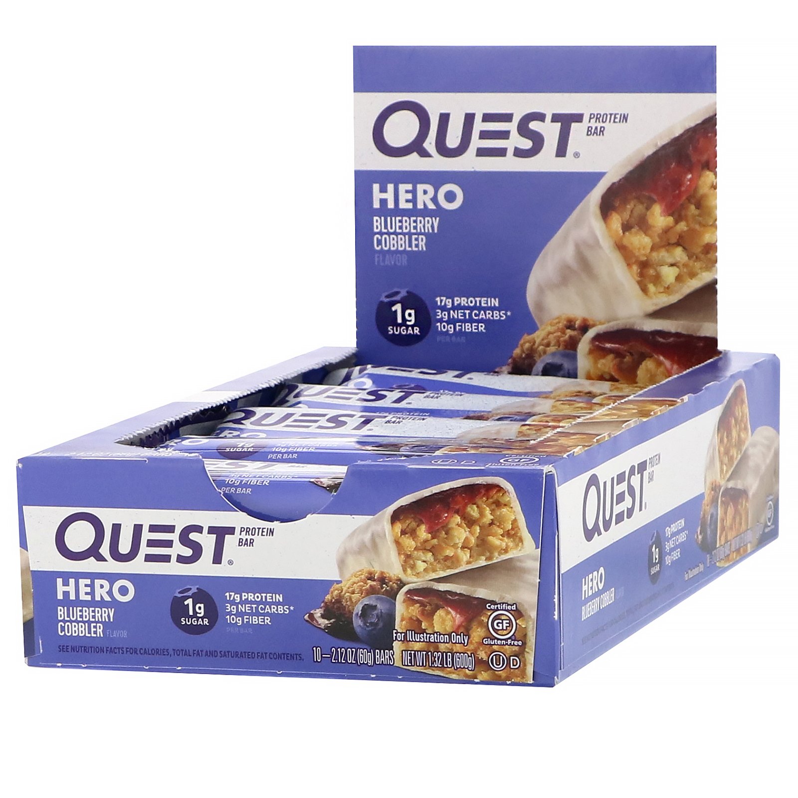 Comprar Quest Nutrition, Hero Barra de Proteínas, Cobbler de Mirtilo, 10 Barras, 60 g (2,12 oz) Cada