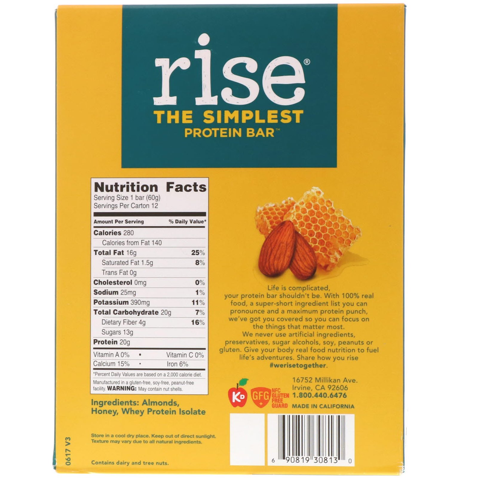Comprar Rise Bar, THE SIMPLEST PROTEIN BAR, Almond Honey, 12 Bars, 2.1 oz (60 g) Each - Imagem 3