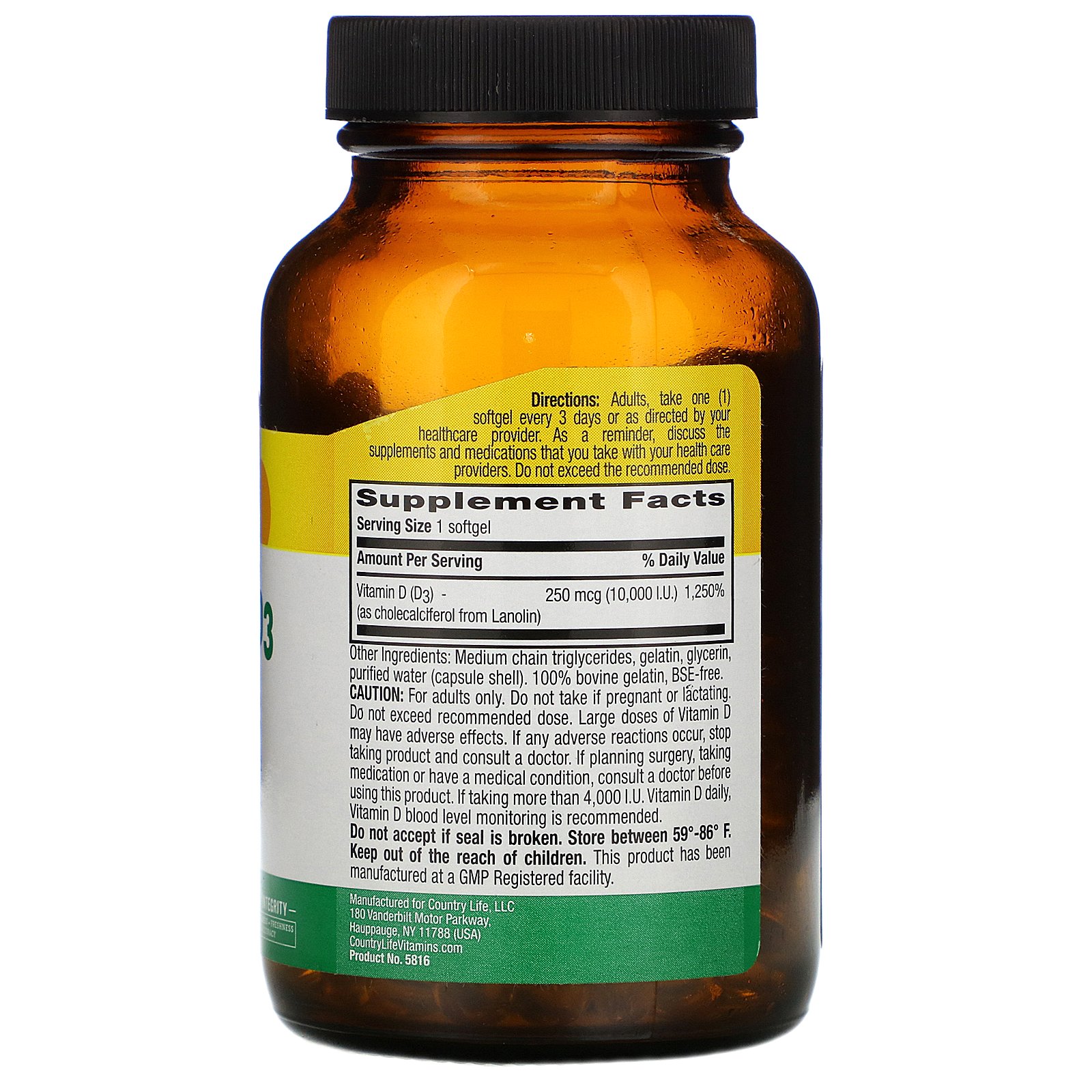 Comprar Country Life, Vitamin D3, High Potency, 250 mcg (10,000 IU), 200 Softgels - Imagem 2