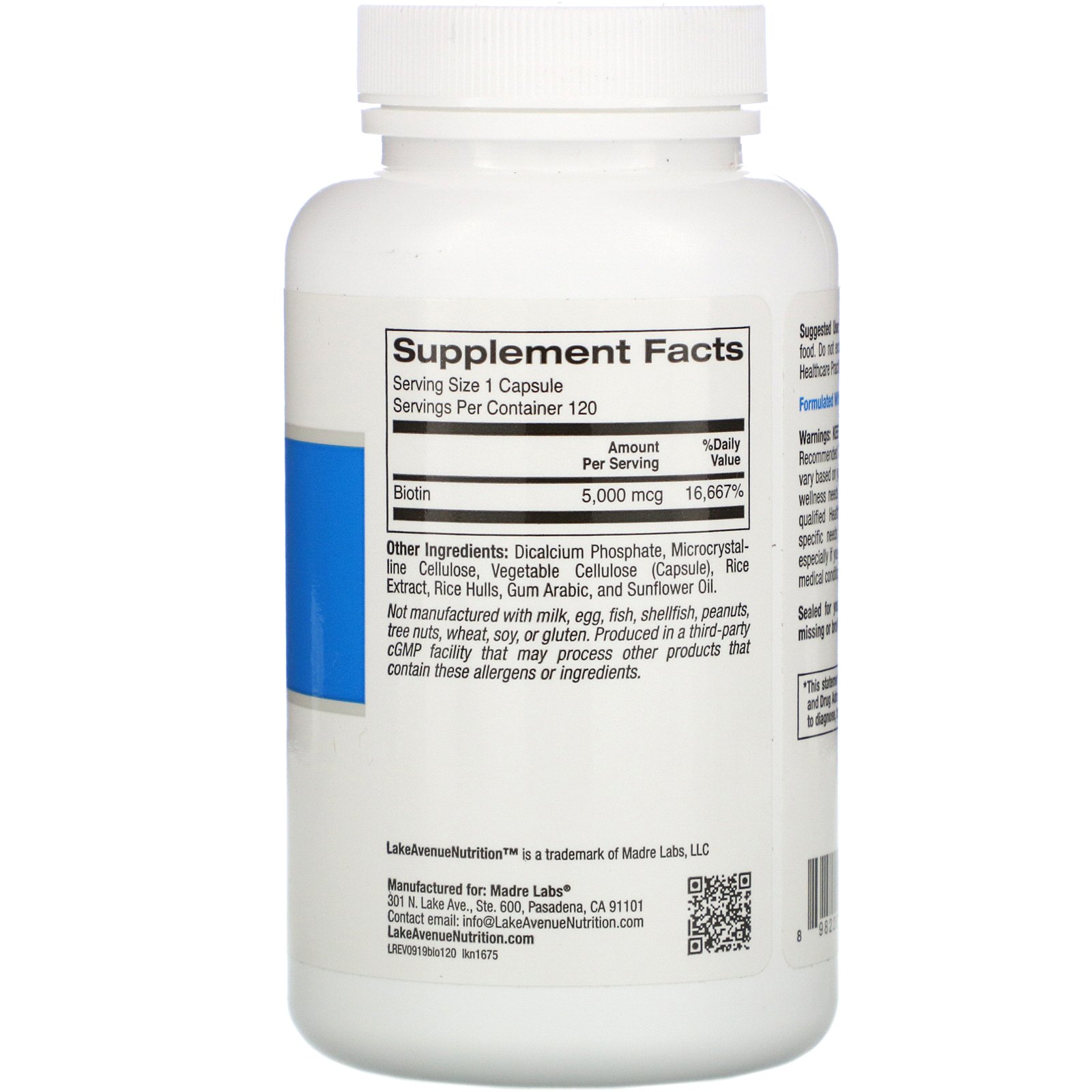 Comprar Lake Avenue Nutrition, Biotina, 5.000 mcg, 120 Cápsulas Vegetais - Imagem 2