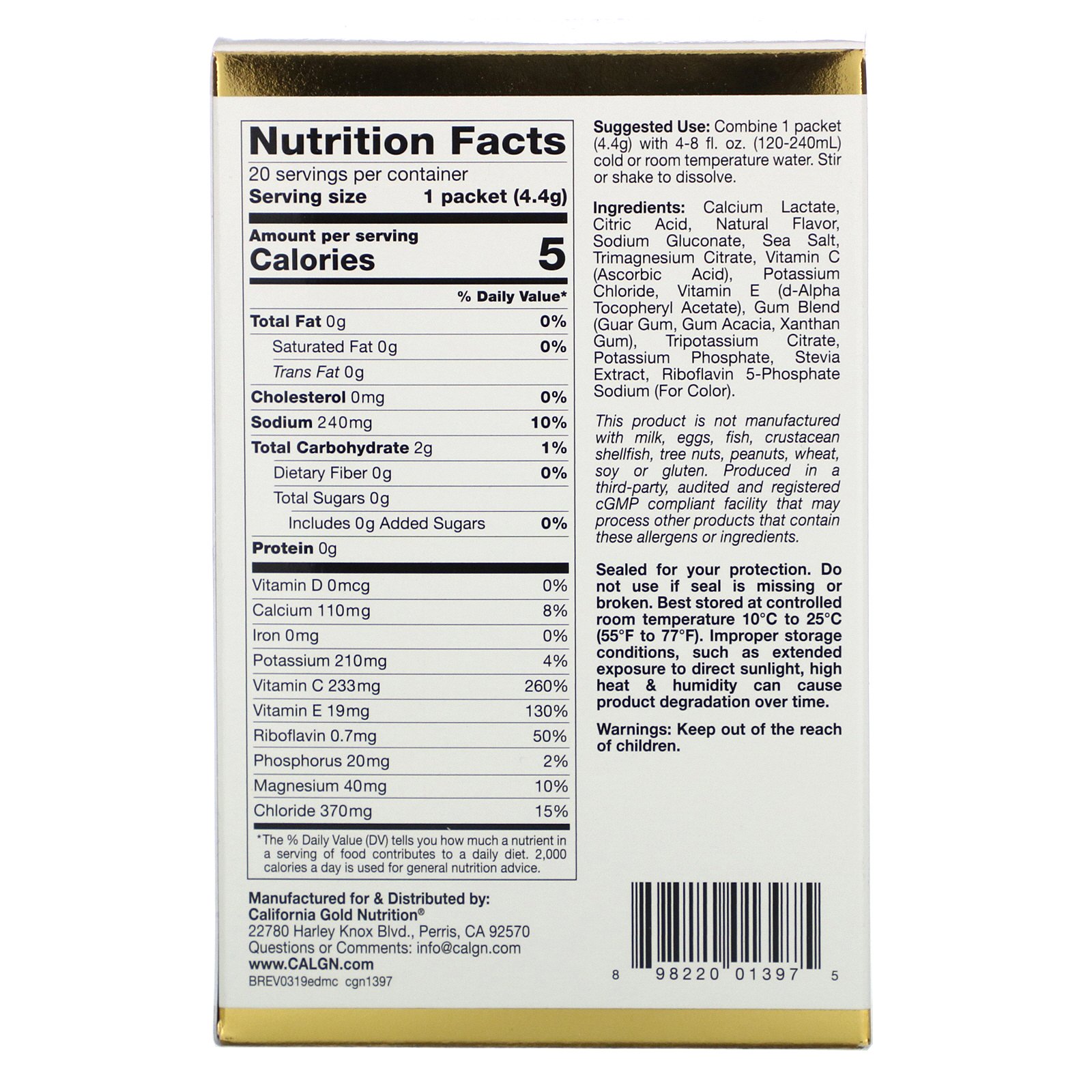Comprar California Gold Nutrition, HydrationUP, Bebida Mix com Eletrólitos, Cítrico, 20 Envelopes, 4,4 g (0,16 oz) Cada - Imagem 2