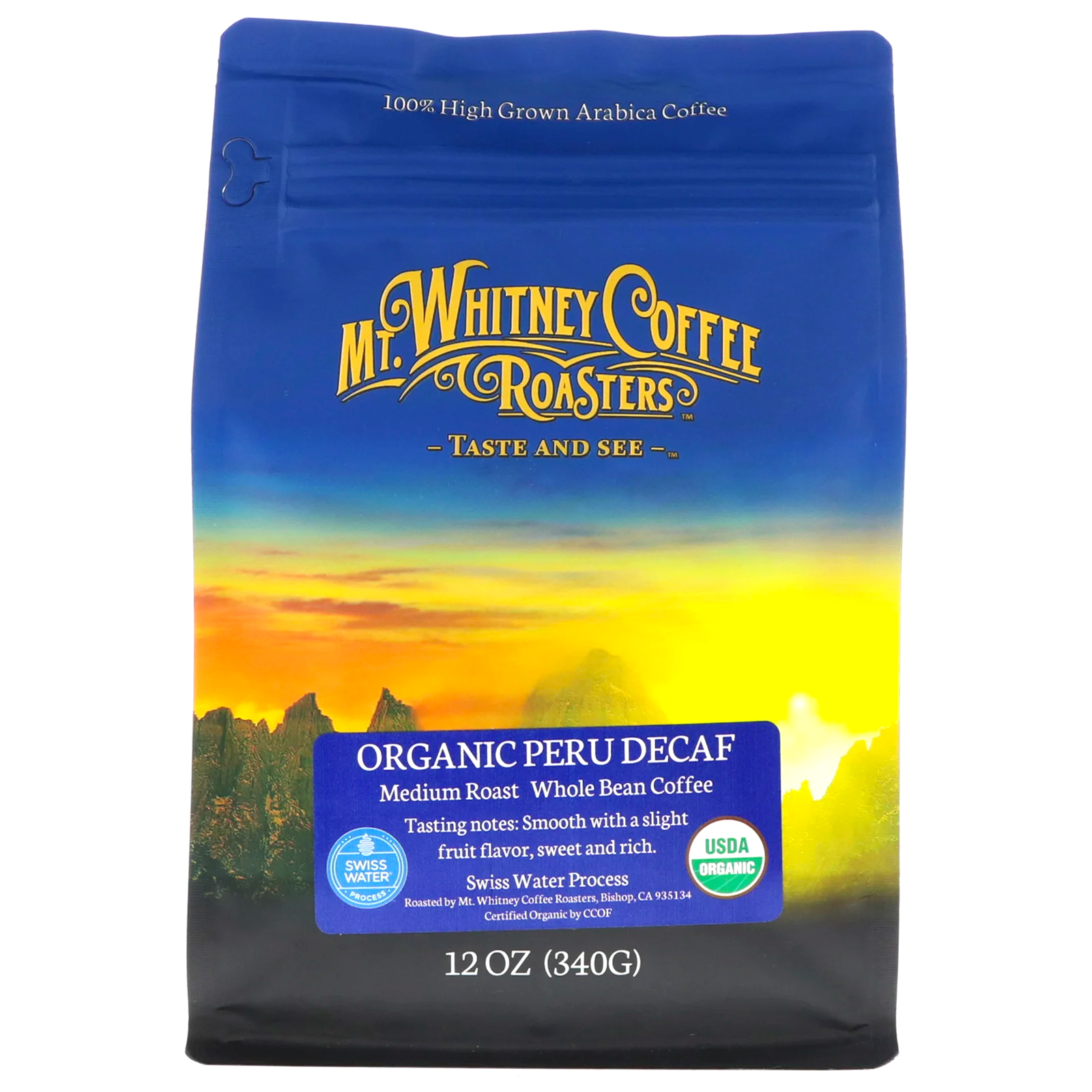 Comprar Mt. Whitney Coffee Roasters, Organic Peru Decaf, Medium Roast Whole Bean, 12 oz (340 g)