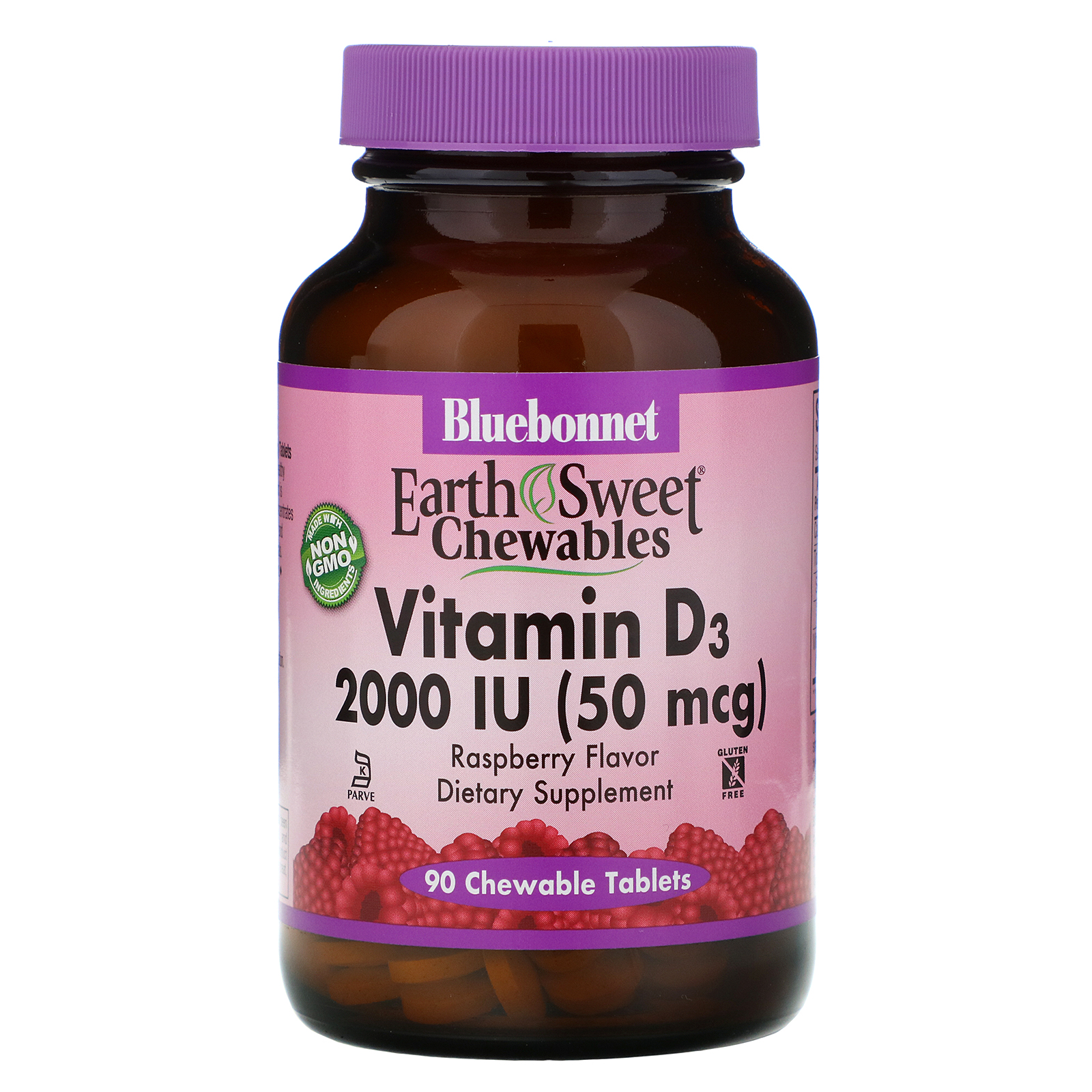 Comprar Bluebonnet Nutrition, Mastigáveis EarthSweet, Vitamina D3, Sabor Natural de Framboesa, 2.000 IU, 90 Tabletes Mastigáveis