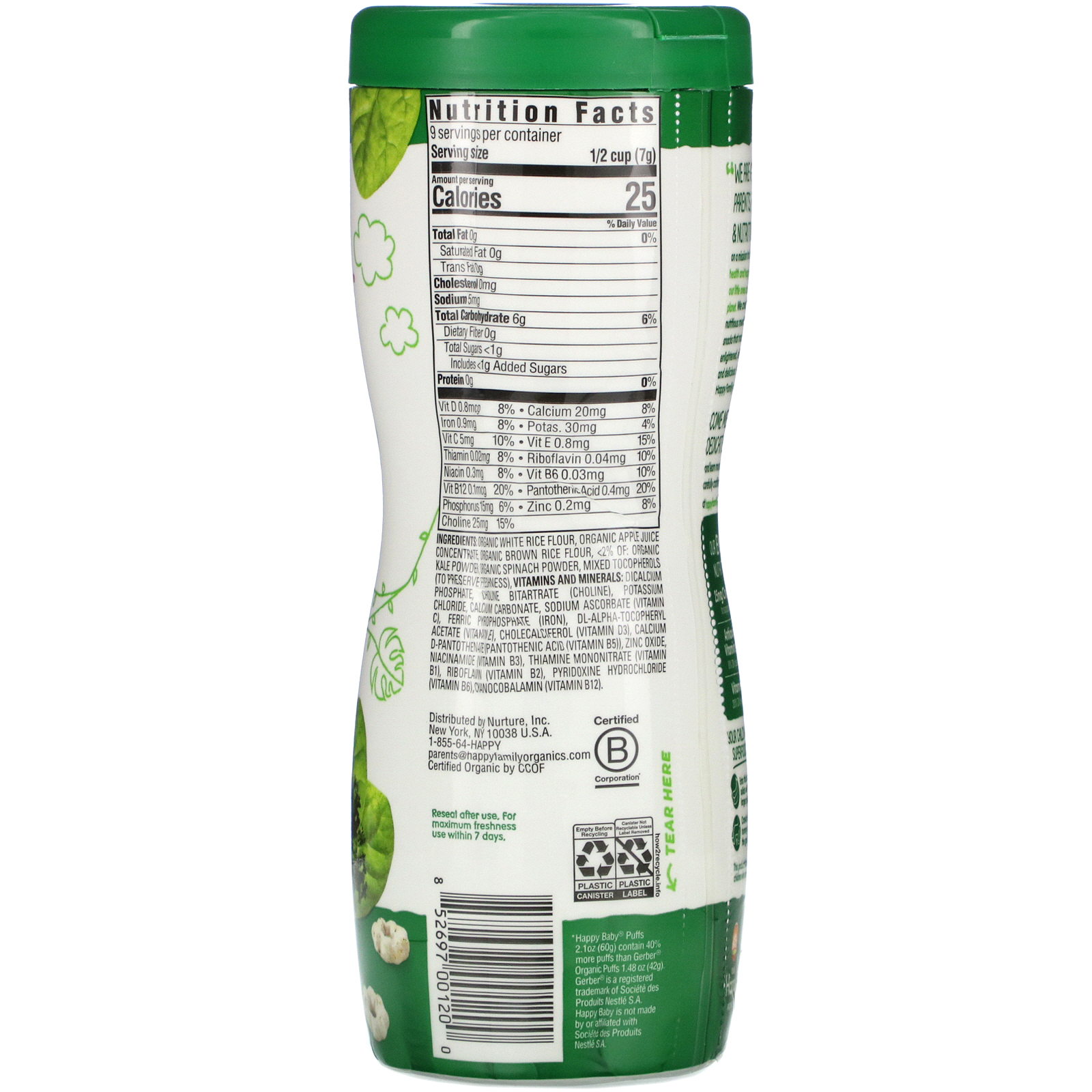 Comprar Happy Family Organics, Superfood Puffs, Veggie, Fruit & Grain, Couve e Espinafre, 60 g (2,1 oz) - Imagem 2