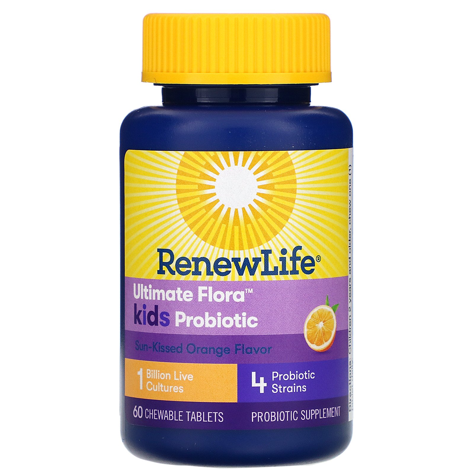 Comprar Renew Life, Ultimate Flora Kids Probiotic, Sun-Kissed Orange Flavor, 1 Billion Live Cultures, 60 Chewable Tablets - Imagem 3