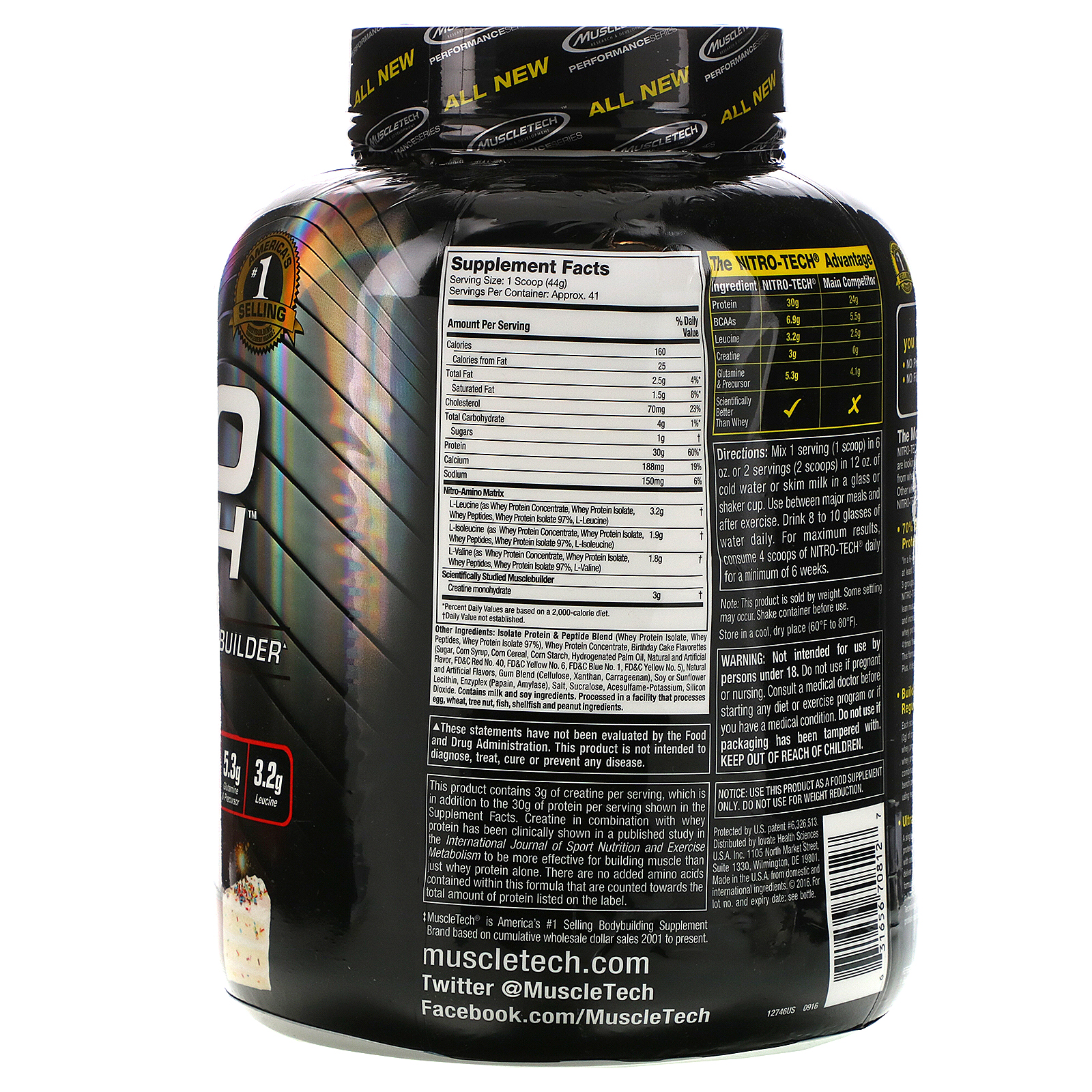 Comprar Muscletech, Nitro Tech, Isolado de Whey + Construtor de Massa Magra, Bolo de Aniversário, 3,97 lbs (1,80 kg) - Imagem 2