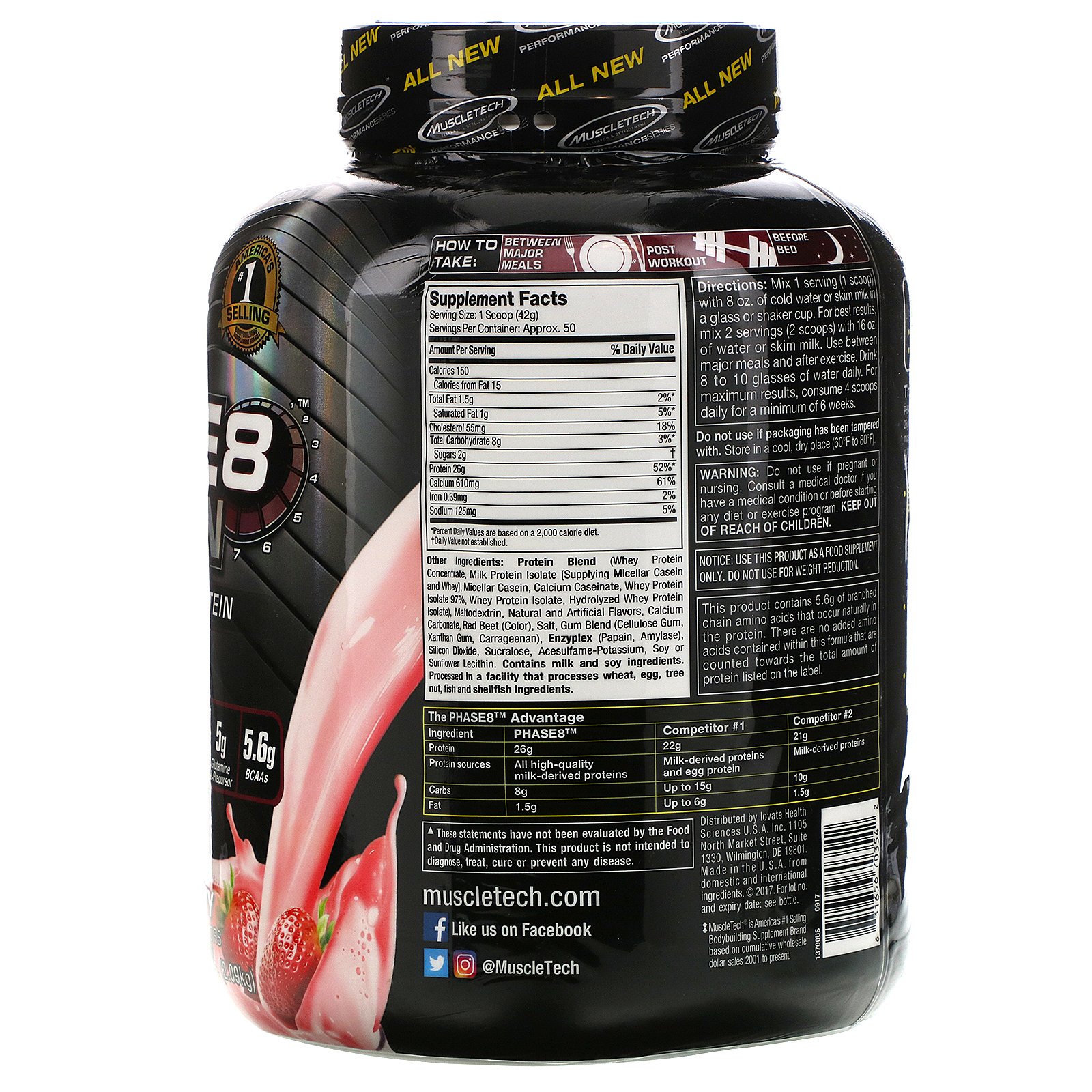 Comprar Muscletech, Performance Series, Phase8, Proteína Multifásica de 8 horas, Morango, 2,09 kg (4,60 lb) - Imagem 2