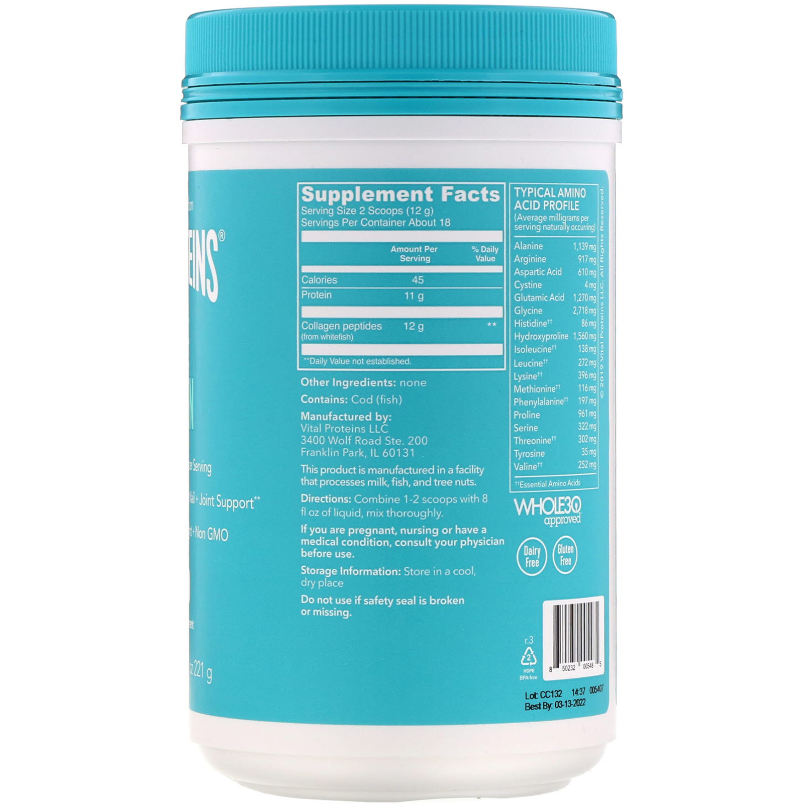 Comprar Vital Proteins, Colágeno Marinho, Pescado de Forma Sustentável, Sem Sabor, 221 g (7,8 oz) - Imagem 2