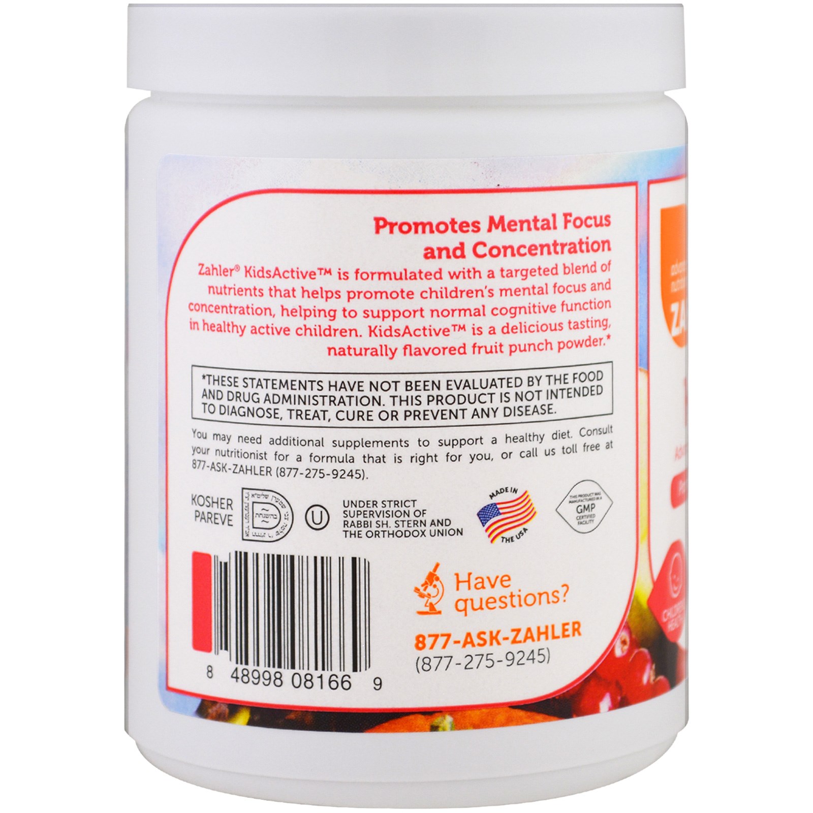 Comprar Zahler, Kids Active, Fórmula Avançada para Crianças Ativas e Saudáveis, Ponche de Frutas, 192 g (6,7 oz) - Imagem 3