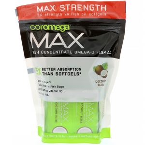 Comprar Coromega, Max, High Concentrate Omega-3 Fish Oil, Coconut Bliss, 60 Squeeze Shots, 2.5 g Each