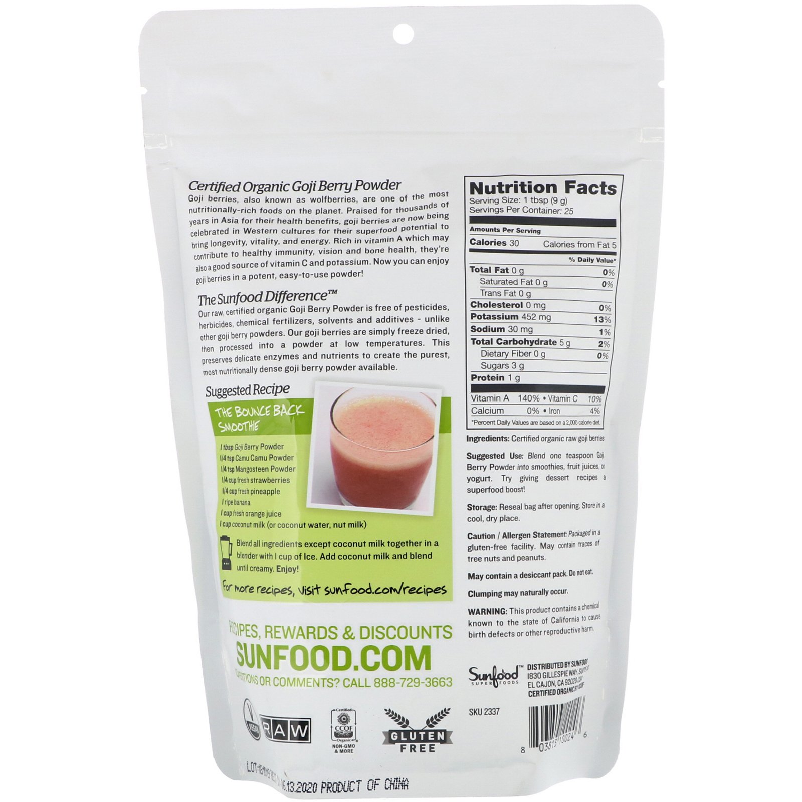 Comprar Sunfood, Raw Organic Goji Berry Powder, 8 oz (227 g) - Imagem 2