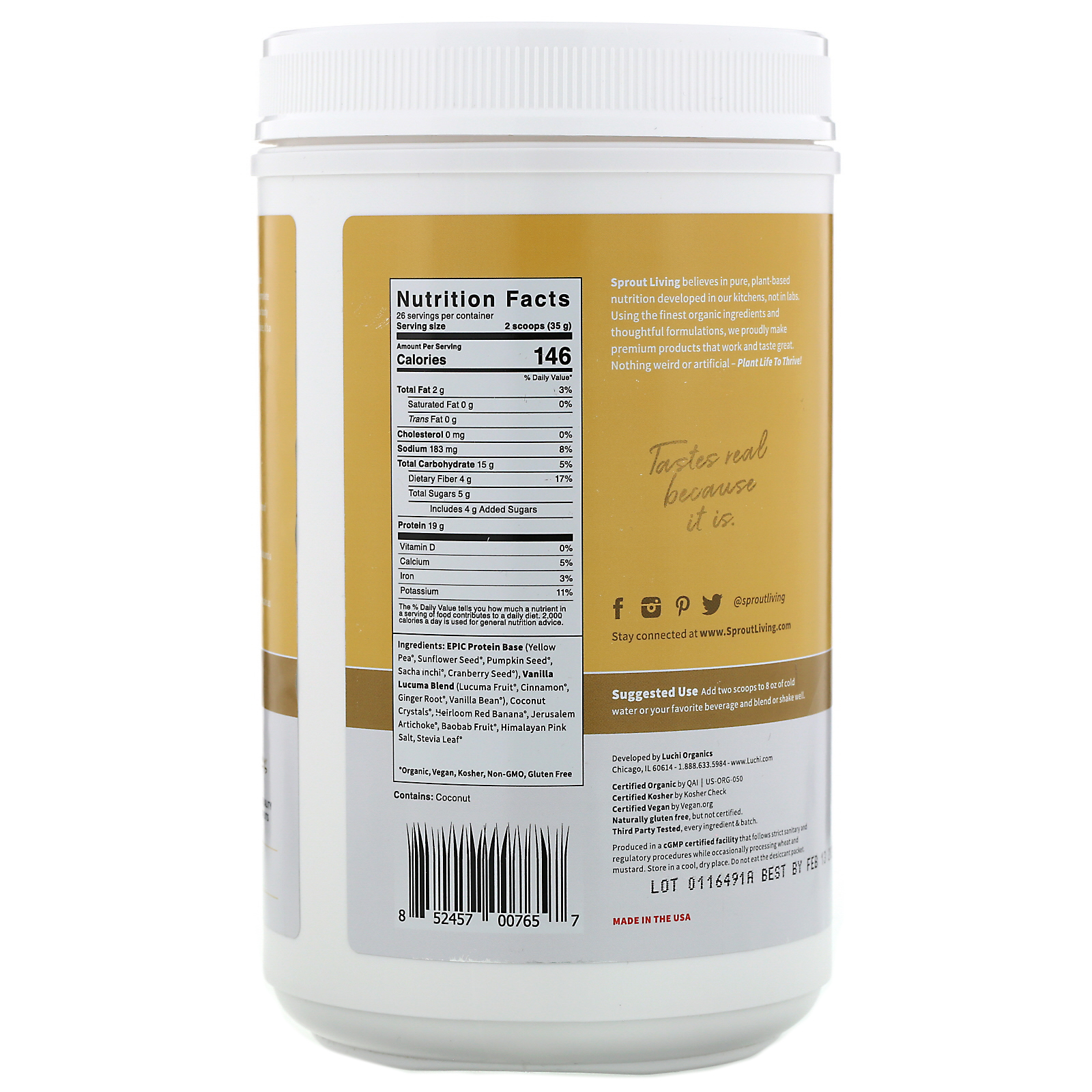 Comprar Sprout Living, Epic Protein, Organic Plant Protein + Superfoods, Baunilha Lúcuma, 910 g (2 lb) - Imagem 2