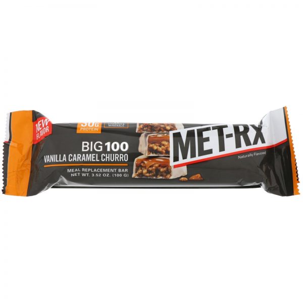 Comprar MET-Rx, Big 100, Barra de Reposição de Refeição, Baunilha Caramelo Churro, 9 Barras, 3,52 oz (100 g) Cada - Imagem 4